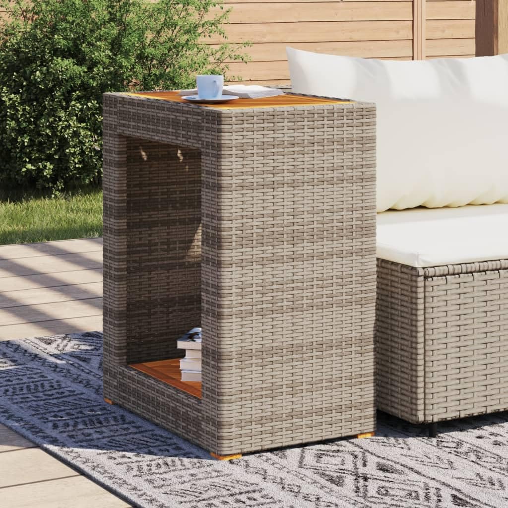 vidaXL Garden Side Table - Grey Poly Rattan & Acacia Wooden Top for Patio, Deck, Outdoor Dining & Backyard Use, with Shelf & Durable Frame