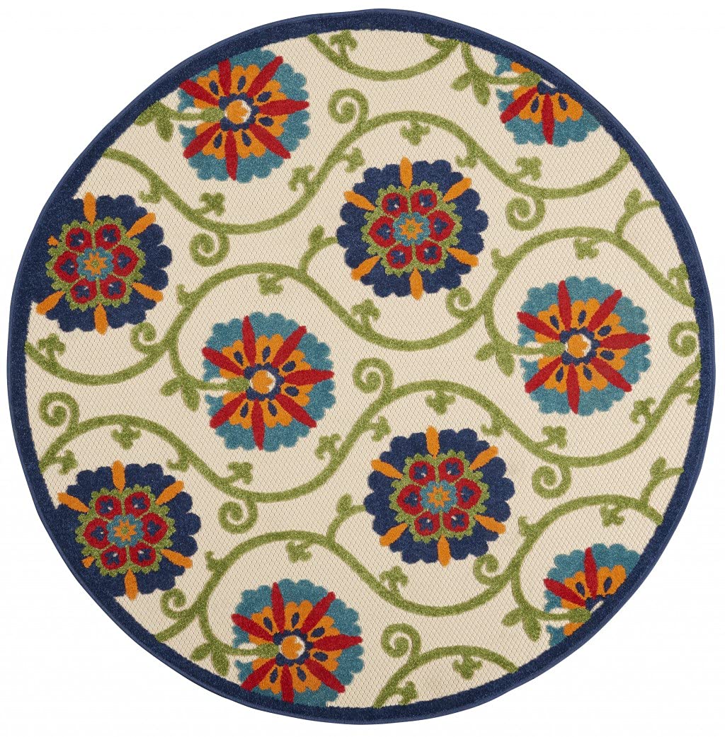HomeRoots Blue/Multicolor 100% Polypropylene 5’ Round Blue Vines Indoor Outdoor Area Rug