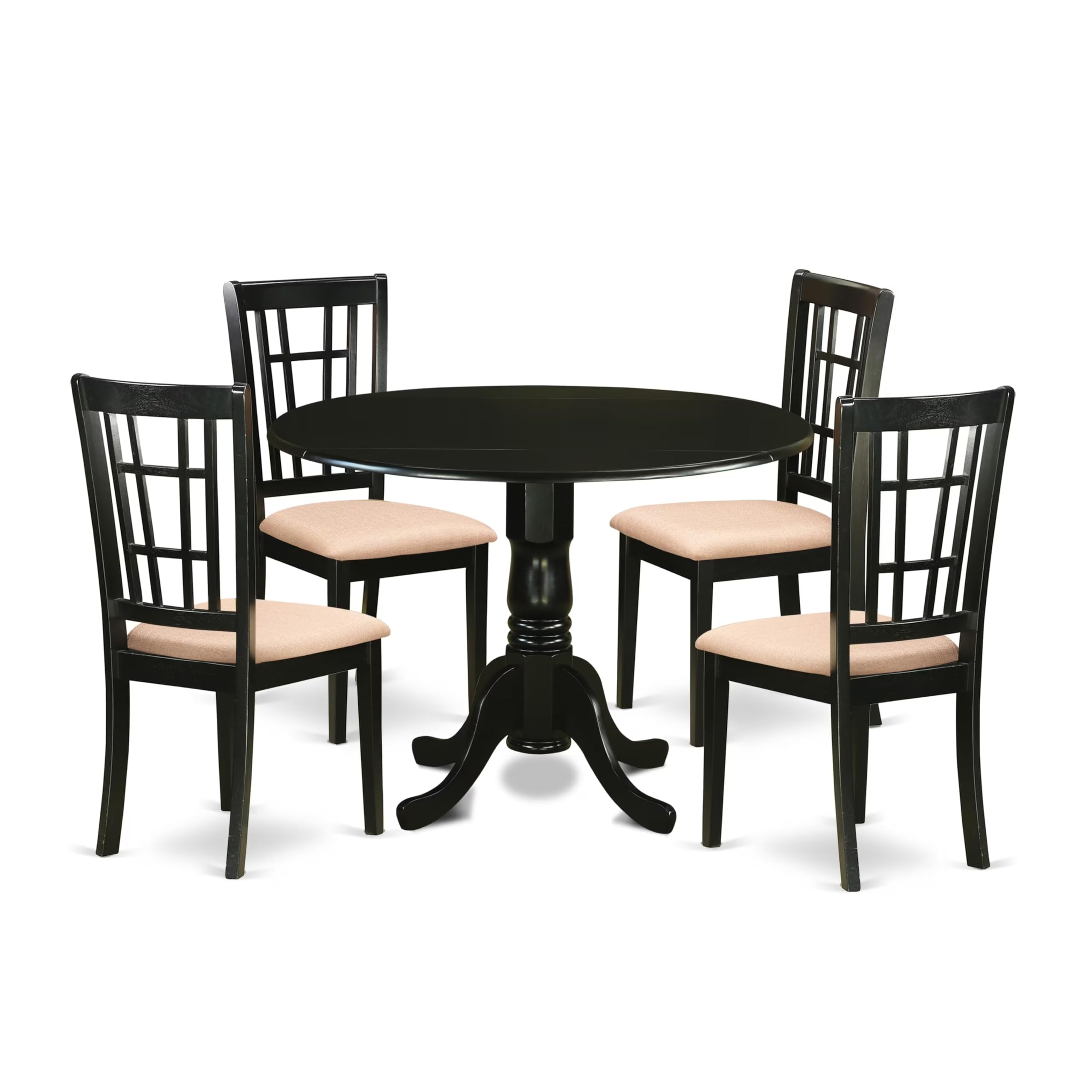 East West Furniture DLNI5-BLK-C 5 Piece Modern Dining Table Set Includes a Round Wooden Table with Dropleaf and 4 Linen Fabric Kitchen Dining Chairs, 42x42 Inch, Black