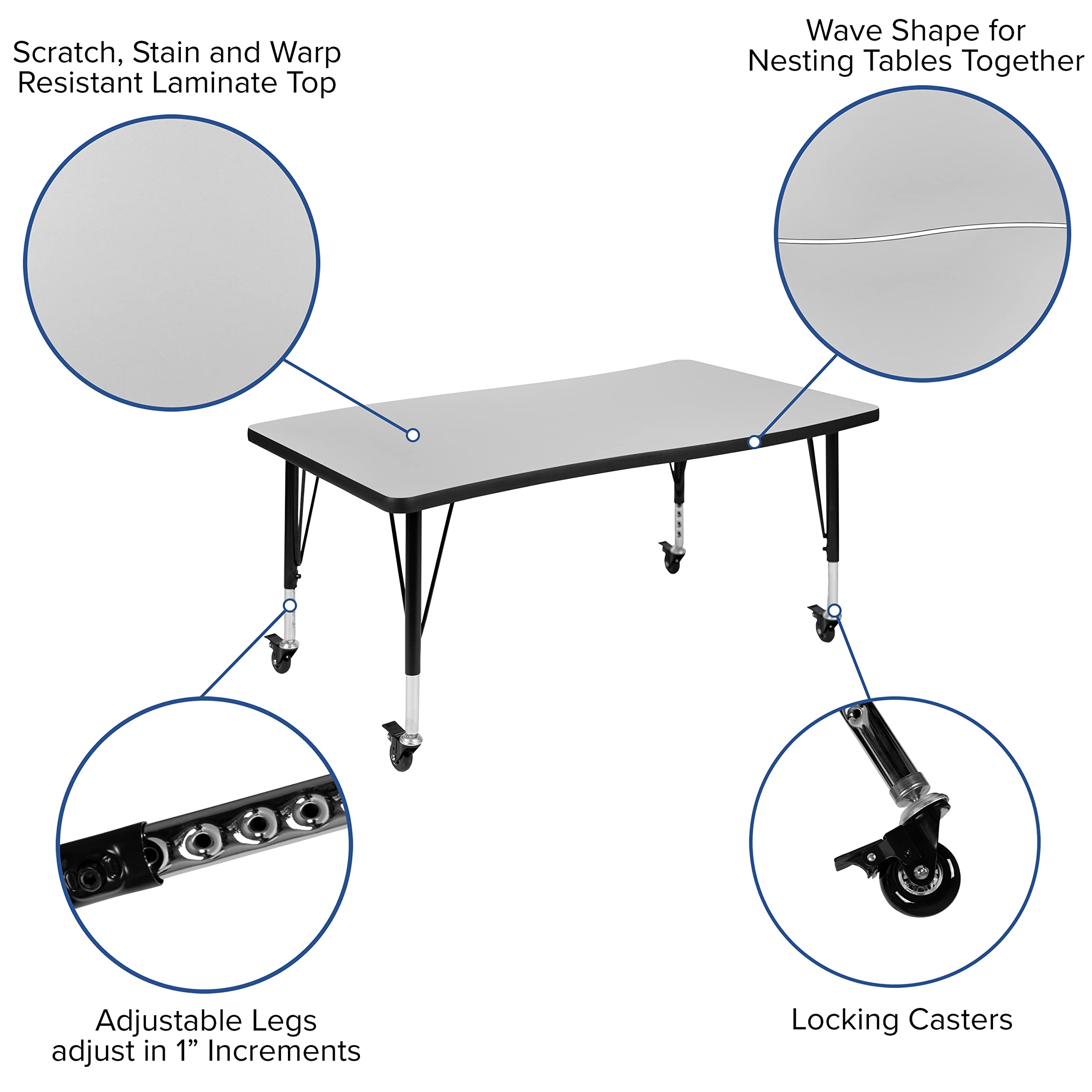Flash Furniture Wren Mobile 28'W X 47.5'L Rectangular Wave Flexible Collaborative Grey Thermal Laminate Activity Table - Height Adjustable Short Legs