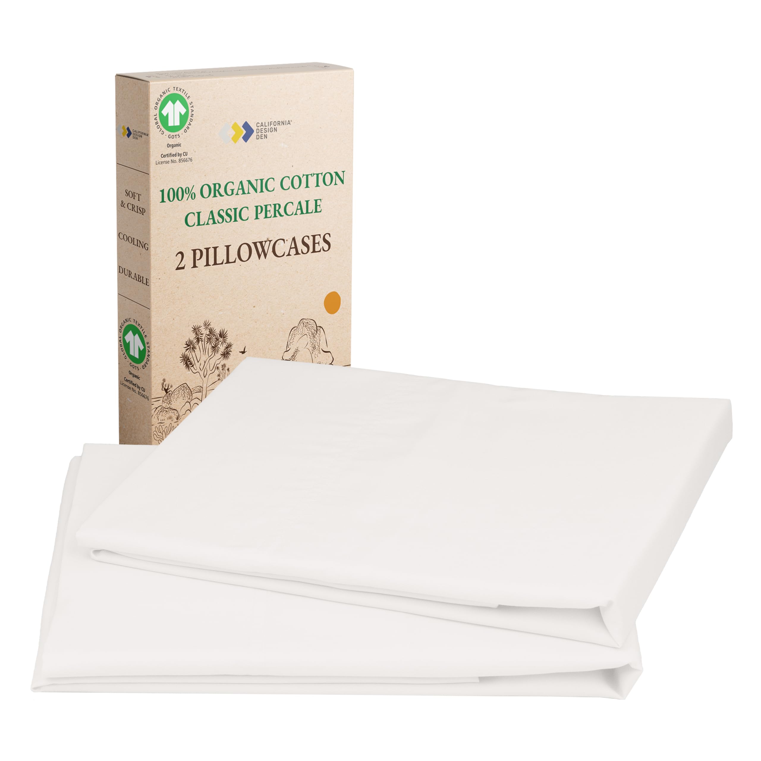 California Design Den 100% Organic Cotton Standard/Queen Pillow Cases 2, Soft Percale Weave Cotton Breathable Pillowcases - True