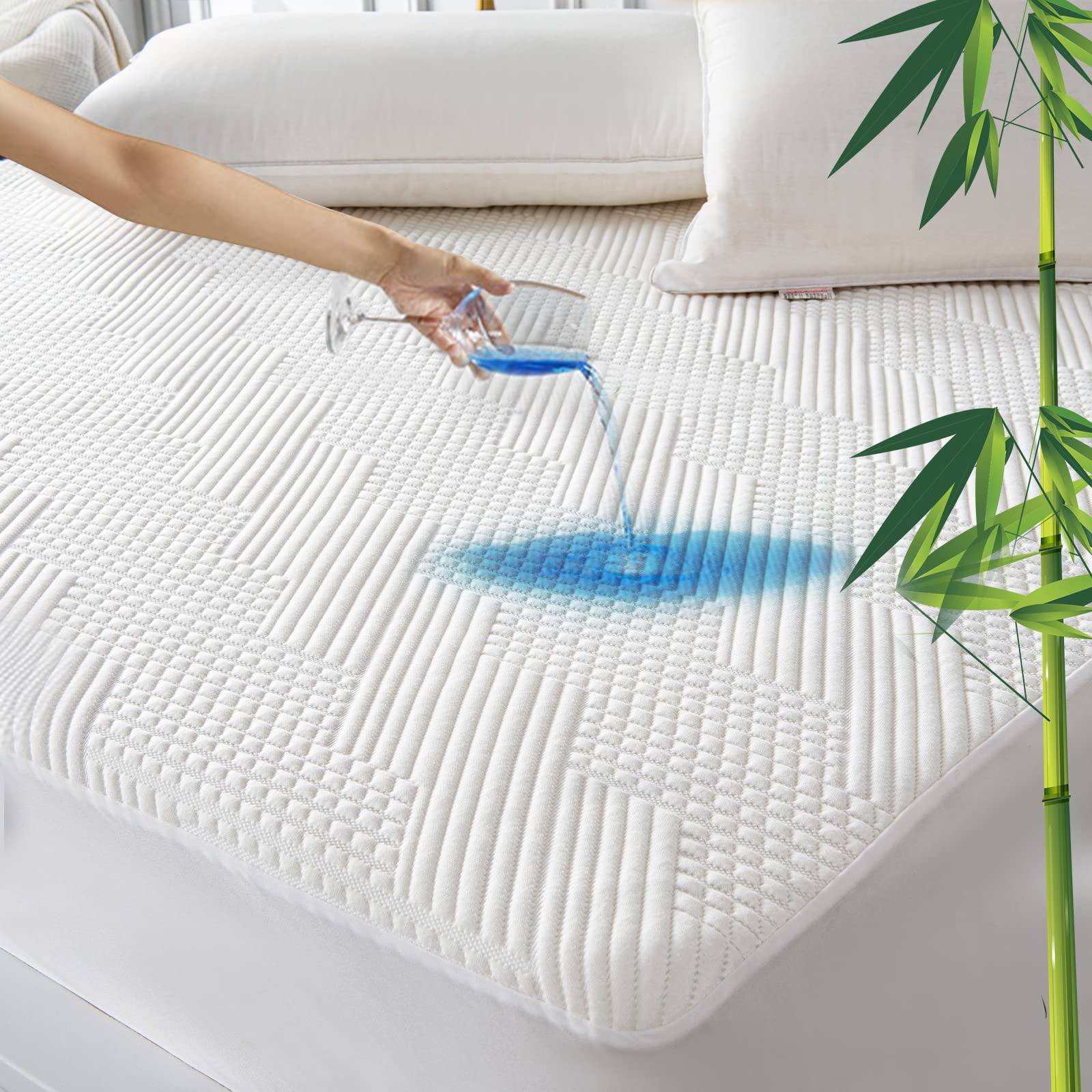 Grt Rayon Bamboo Waterproof Mattress Protector Cal King Size - 3D Air Fiber Cooling Mattress Cover Breathable Ultra Soft, Mattre