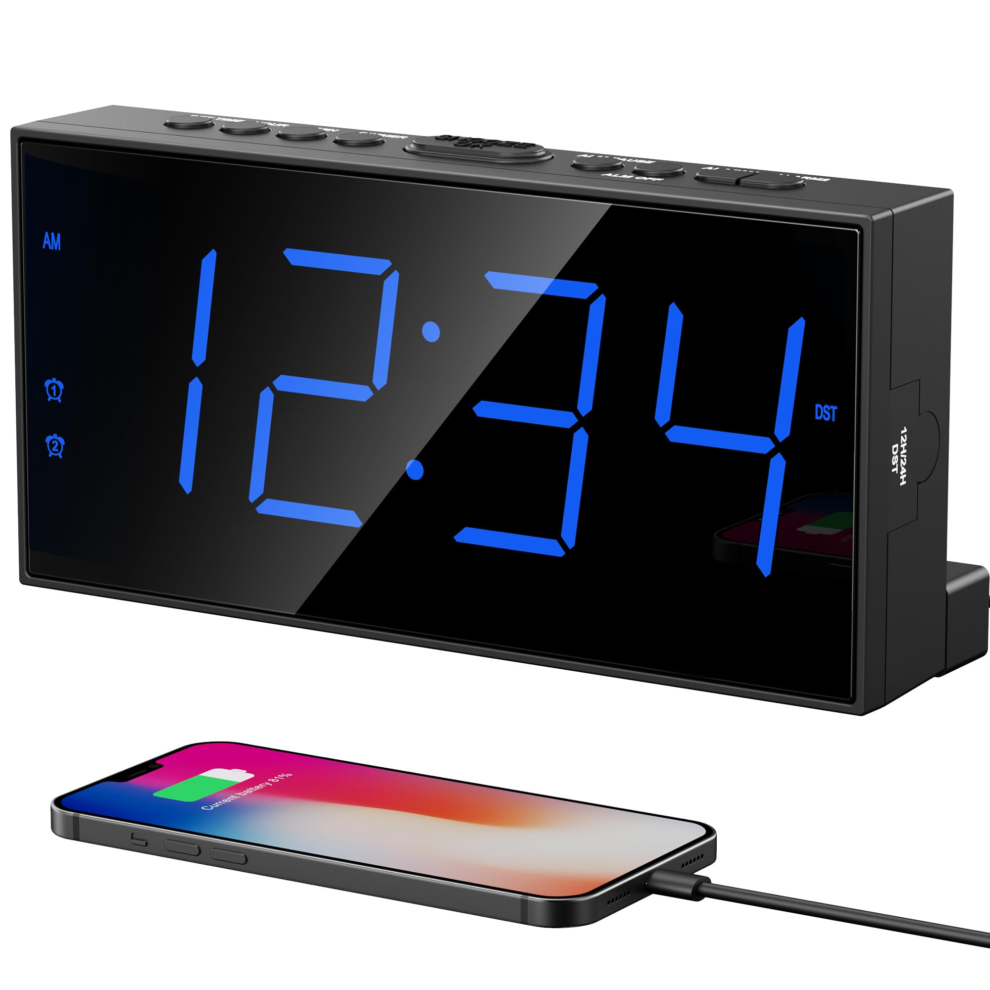 Digital Dual Alarm Clock for Bedroom, Large Display Bedside with Battery Backup, USB Phone Charger, Volume, Dimmer, Easy to Set 