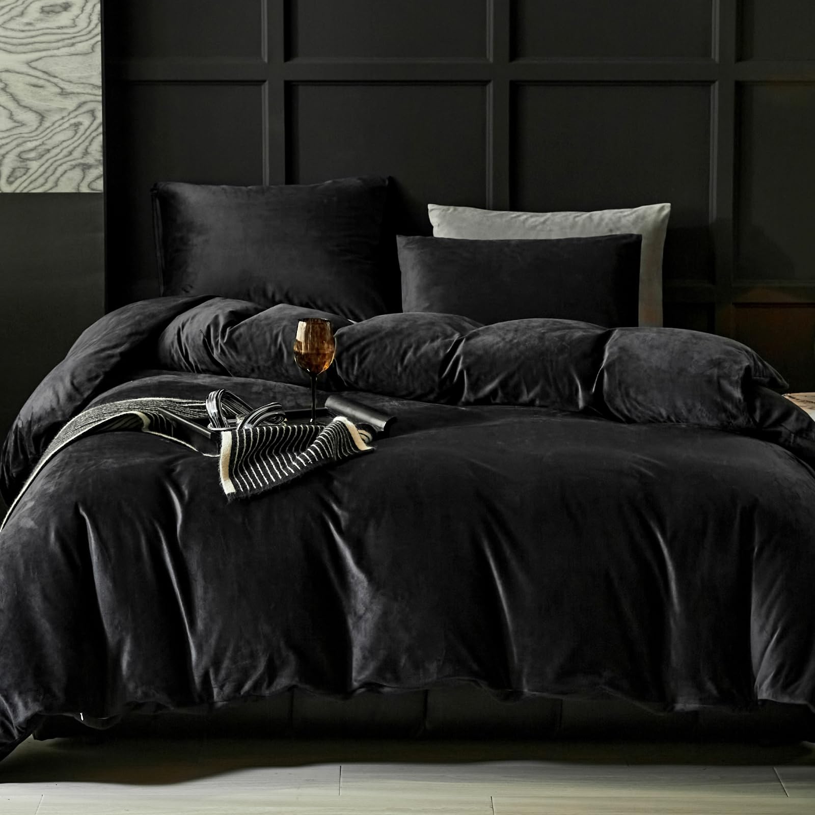 Warmdern Black Velvet Duvet Cover Queen Size Flannel Duvet Cover Bedding Sets, 3Pcs Ultra Soft Luxury Textured Modern Crystal Ve