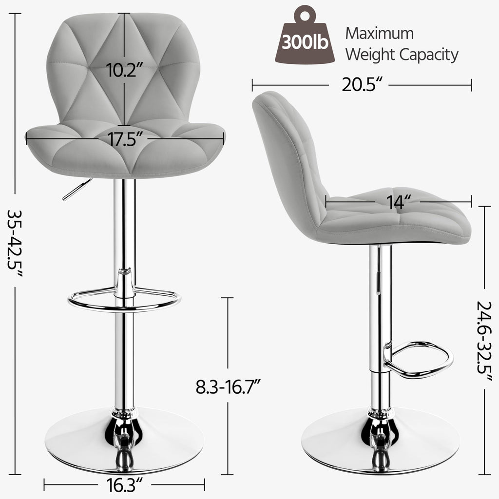Yaheetech Grey Bar Stools Set Of 2, Pu Leather Bar Chairs With Backrest, Height Adjustable Swivel Island Stools For Bar, Kitchen Counter, Light Grey
