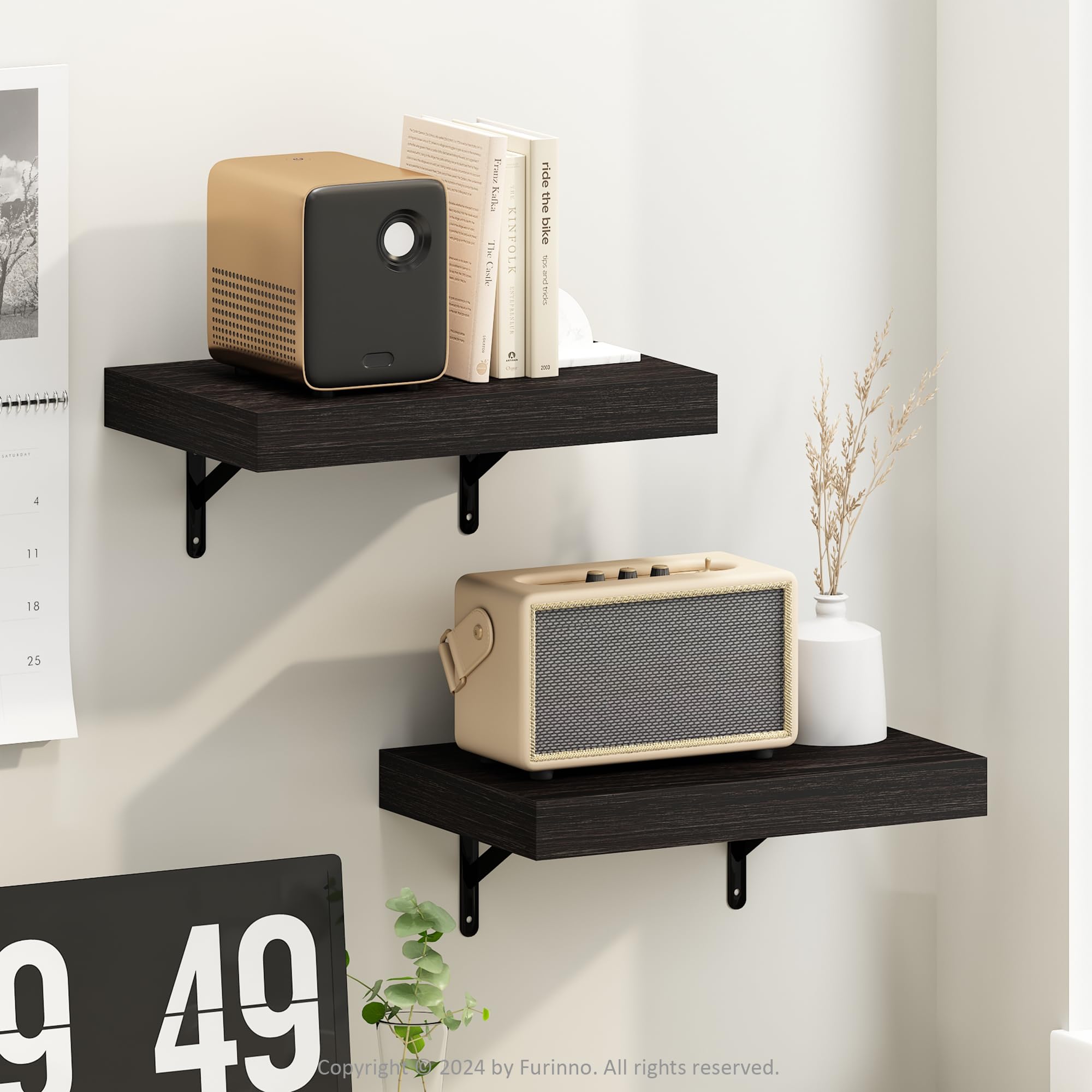 Furinno Tanna 15-Inch Wall Mounted Floating Display Shelves, Tobacco Oak, Set of 2