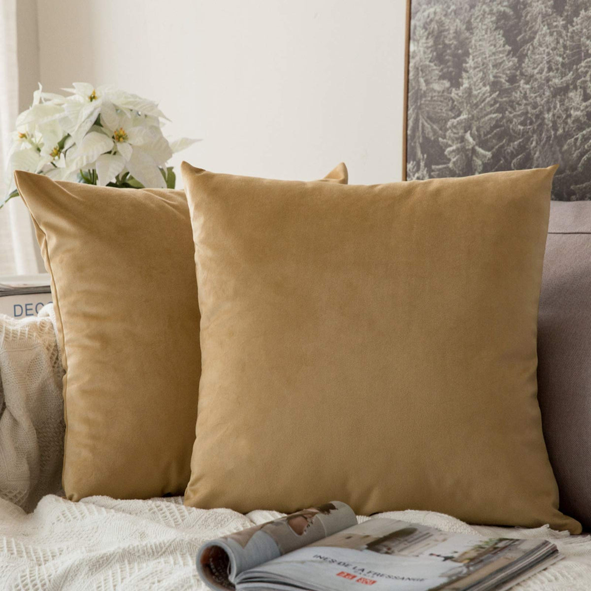 Miulee Pack Of 2 Khaki Velvet Throw Pillow Covers 16X16 Inch Soft Solid Decorative Square Set Cushion Cases For Couch Sofa Bedro