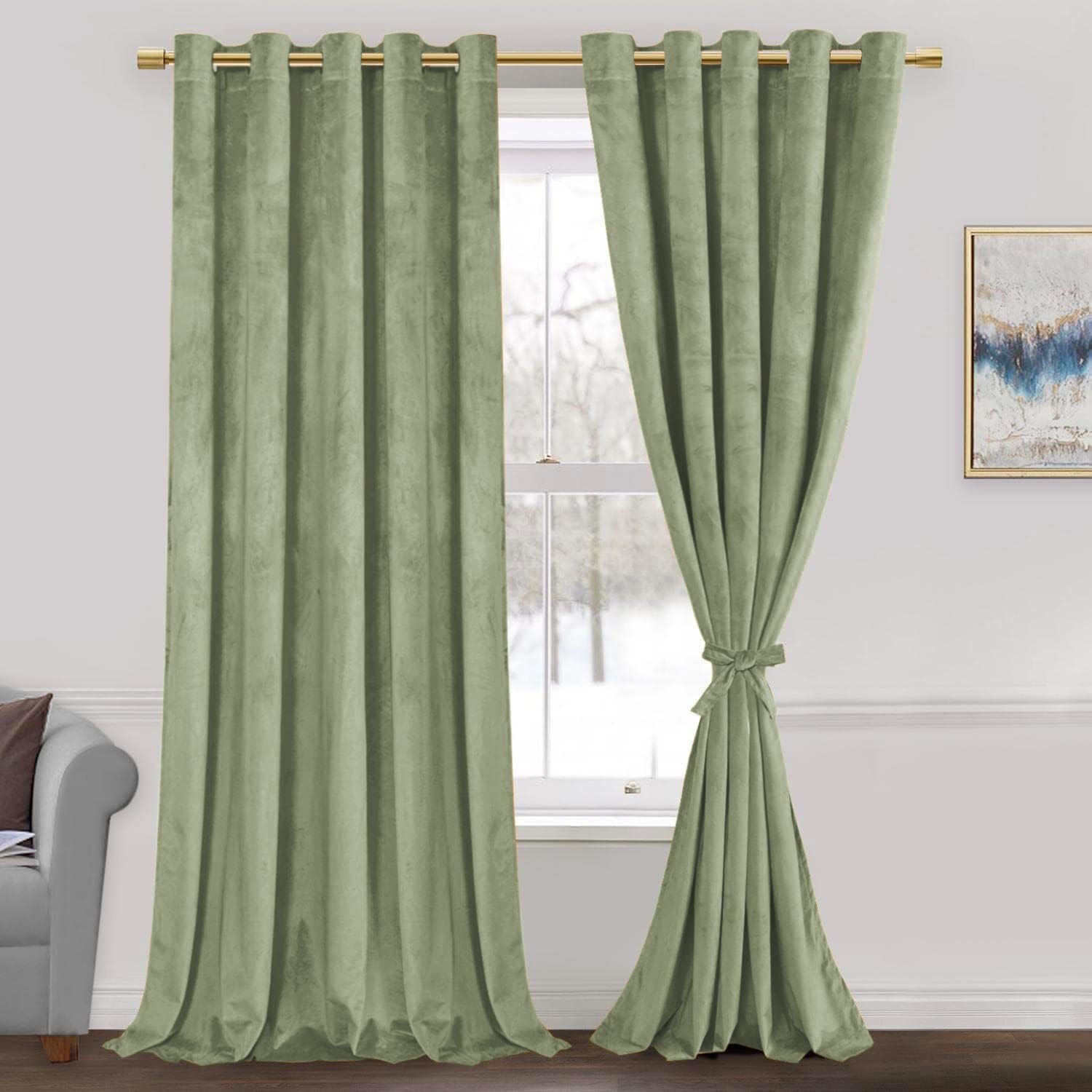 Jiuzhen Sage Green Velvet Curtains 96 Inch, Room Darkening Smooth Hand-Feeling Durable Curtains Thermal Insulated Privacy Protec