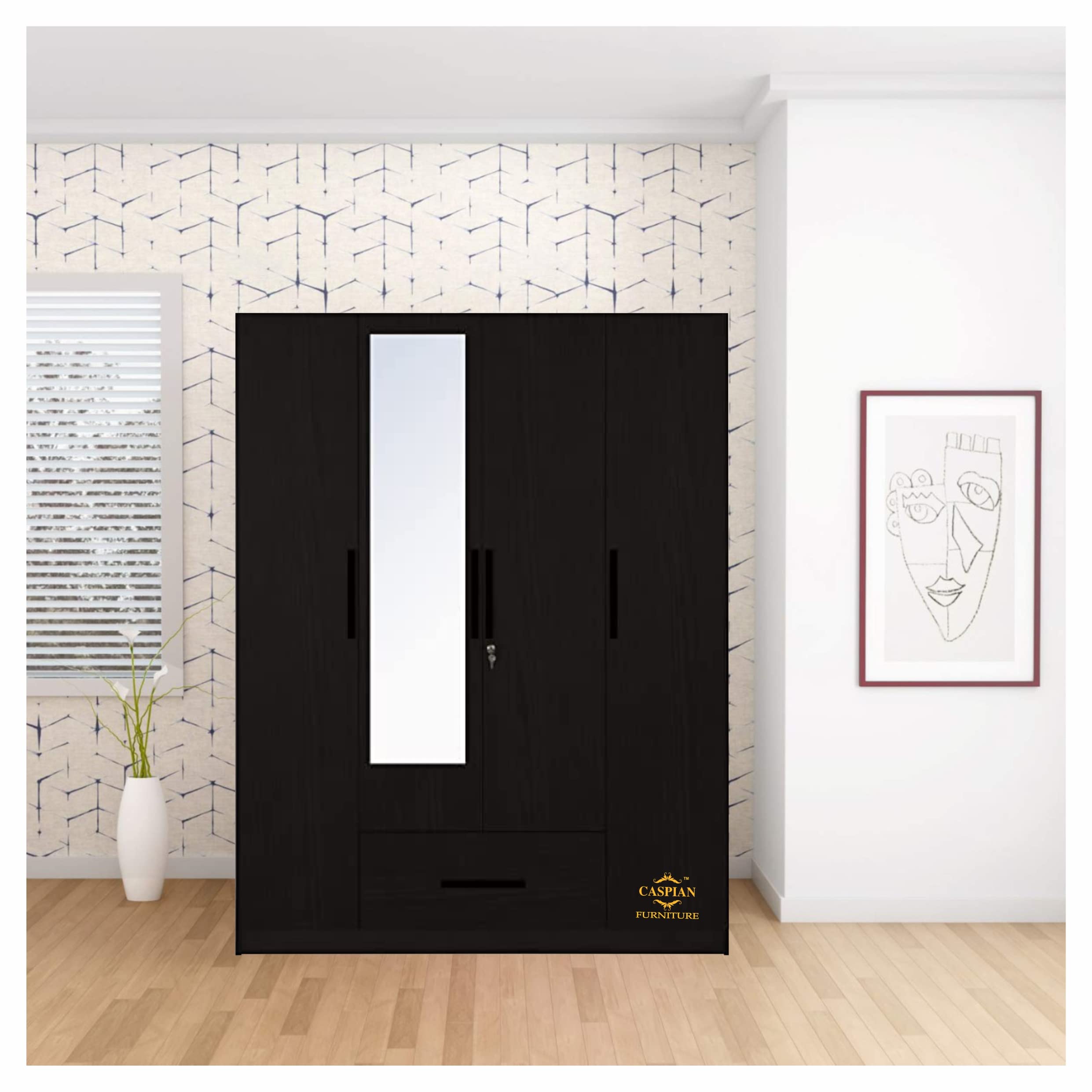 Caspian Engineered Wood Four Door Wooden Wardrobe (Coffee Brown) | Furniture With Dressing Mirror & Hanging Spaces | Cupboard/Al