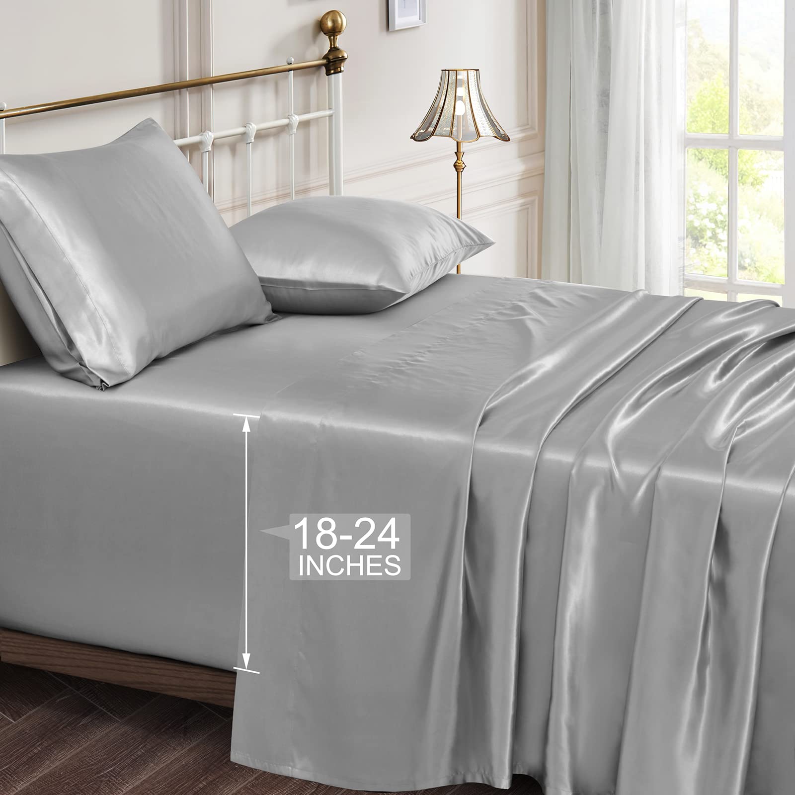 Vonty Satin Sheets Extra Deep Pocket King Size Sheets - Cooling & Silky Satin King Sheets Set with 18-24 Inch Deep Pocket, Silve