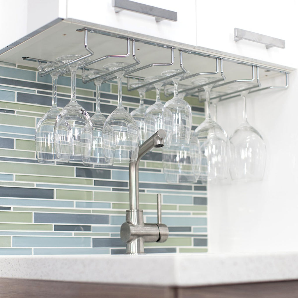 Oenophilia Under Cabinet Stemware Rack, Wine Glass Holder Under Cabinet Kitchen, Chrome Finish, Holds 6-9 Glasses Depending On S