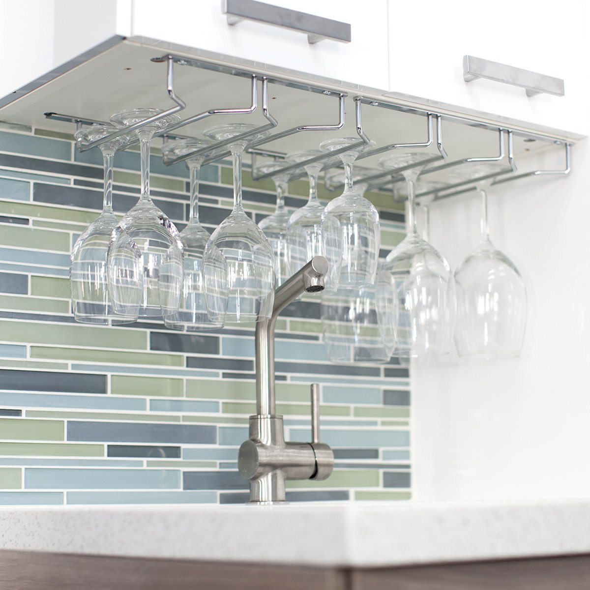 Oenophilia Under Cabinet Stemware Rack, Wine Glass Holder Under Cabinet Kitchen, Chrome Finish, Holds 6-9 Glasses Depending On S