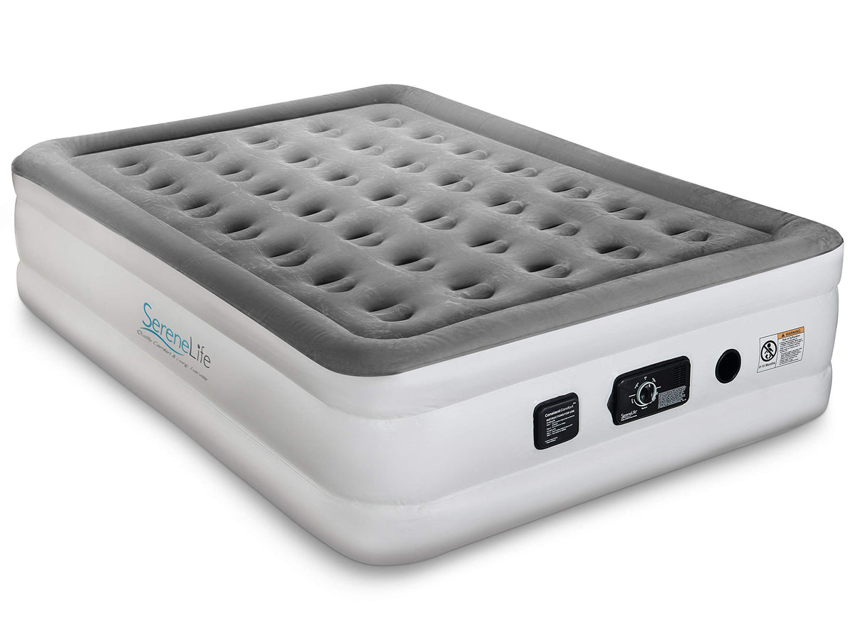 Serenelife Raised Self 18' Elevated Mattress With Built-In Pump-Durable Automatic Electric Inflation Blow Up Air Bed W/Soft, Pl