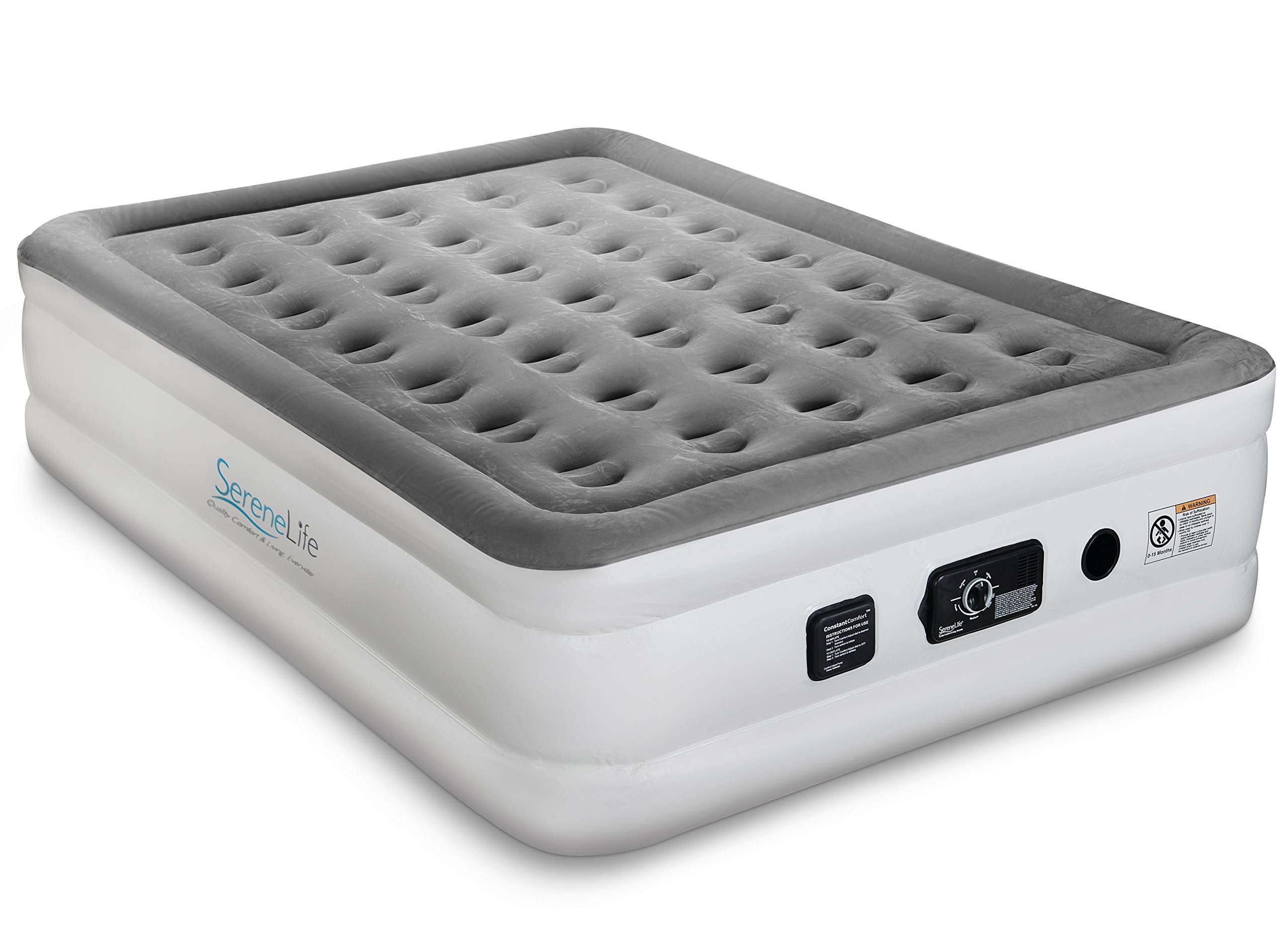 Serenelife Raised Self 18' Elevated Mattress With Built-In Pump-Durable Automatic Electric Inflation Blow Up Air Bed W/Soft, Pl