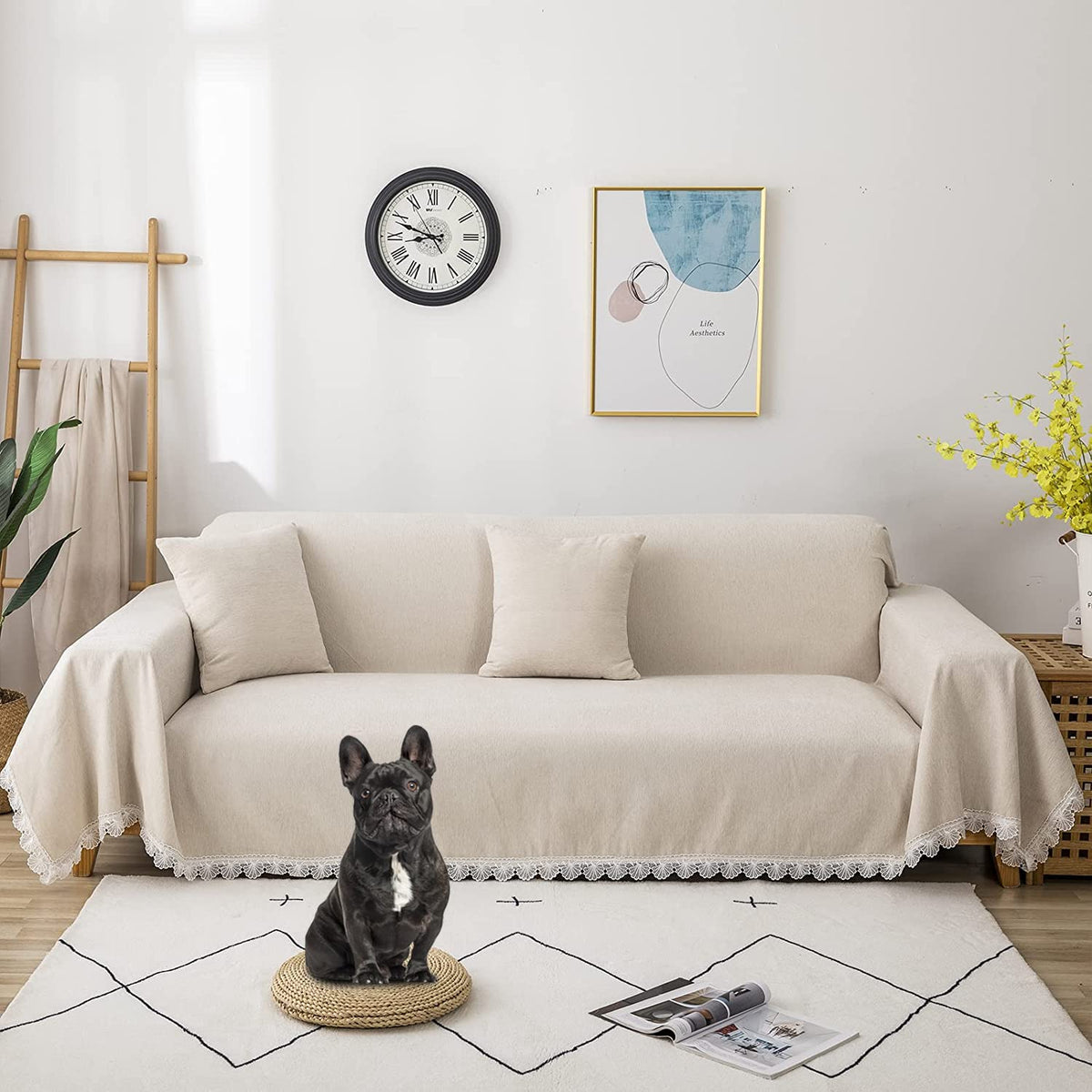 Roomlife Couch Cover Sofa Slipcover Chenille Sofa Covers Ivory White With Lace Edge Sofa Covers For 2-3 Cushion Couch Living Roo