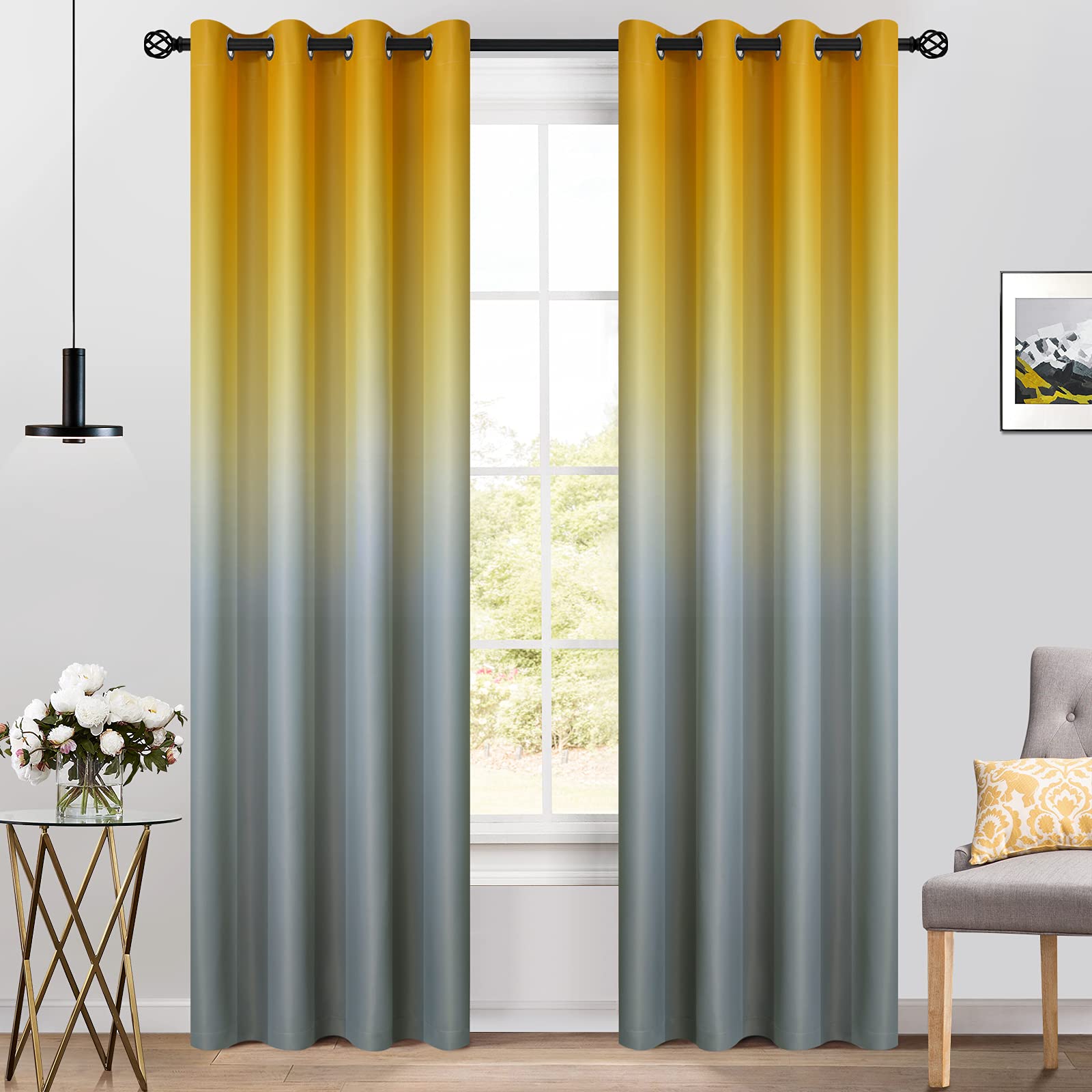 Yakamok Blackout Ombre Yellow And Grey Curtains For Living Room,Room Darkening Thermal Insulated Gradient Drapes, Grommet Light