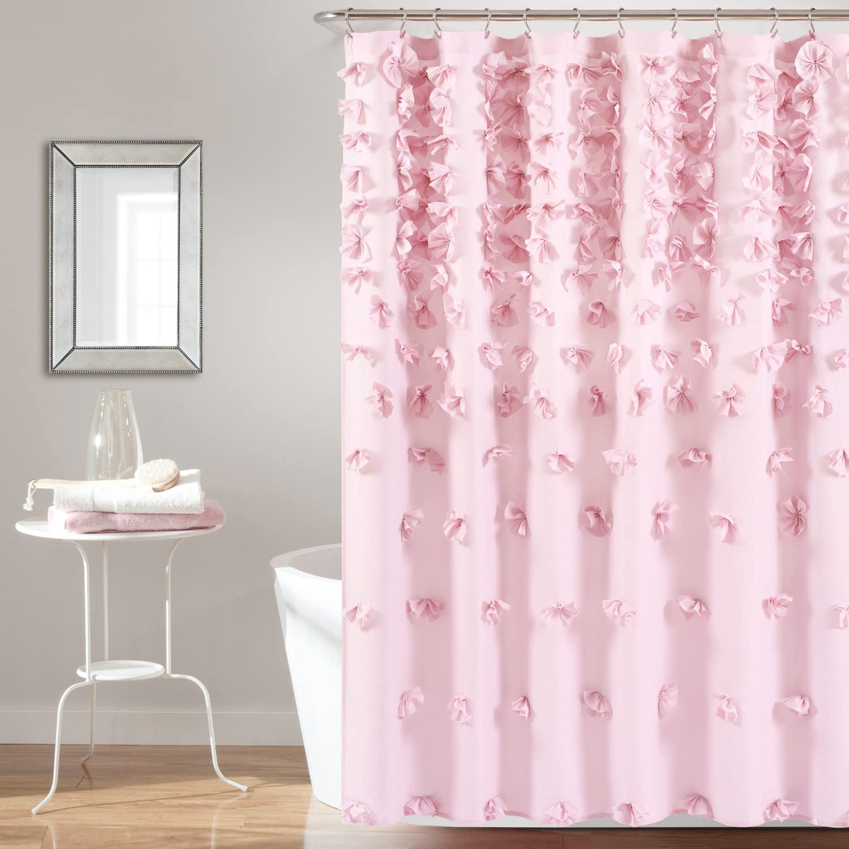 Lush Decor Riley Shower Curtain Bow Tie Textured Fabric Vintage Chic Farmhouse Style Bathroom Decor, 0, Lilac