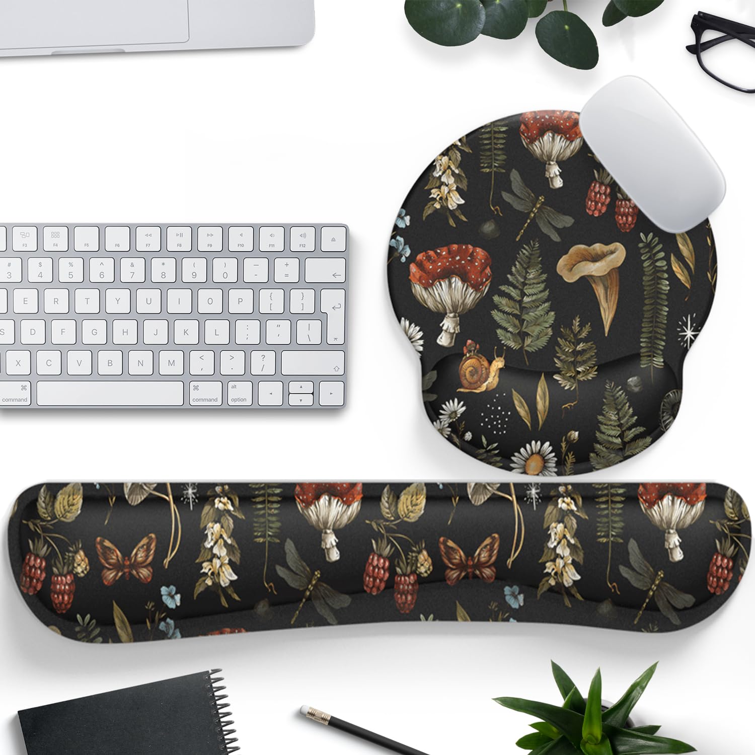 Plant Mushroom Mouse Pad Black Aesthetic Ergonomic Desk Pad Wrist Support Keyboard Wrist Rest Set, Mouse Pad With Non-Slip Pu Fo