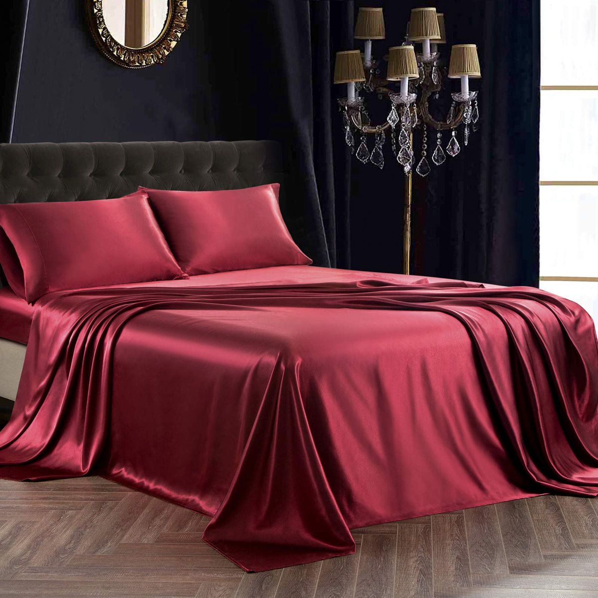 Siinvdabzx 3Pcs Satin Sheet Set Twin Size Ultra Silky Soft Burgundy Satin Twin Bed Sheets With Deep Pocket, 1 Fitted Sheet, 1 Fl