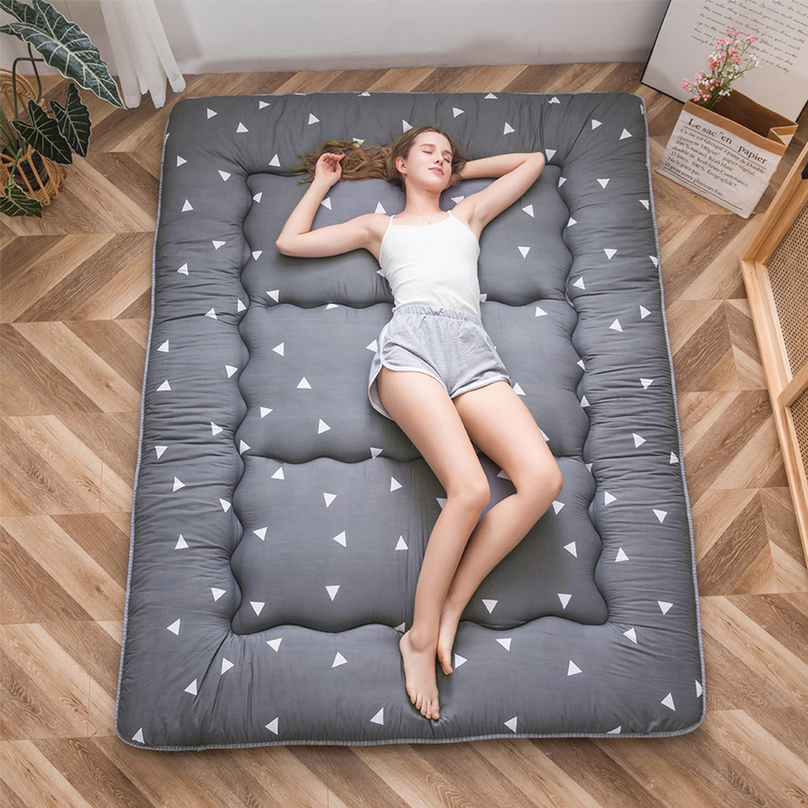 Grey Triangle Japanese Floor Futon Mattress, Tatami Mat Portable Camping Mat Kids Sleeping Pad Foldable Roll Up Floor Lounger Pi