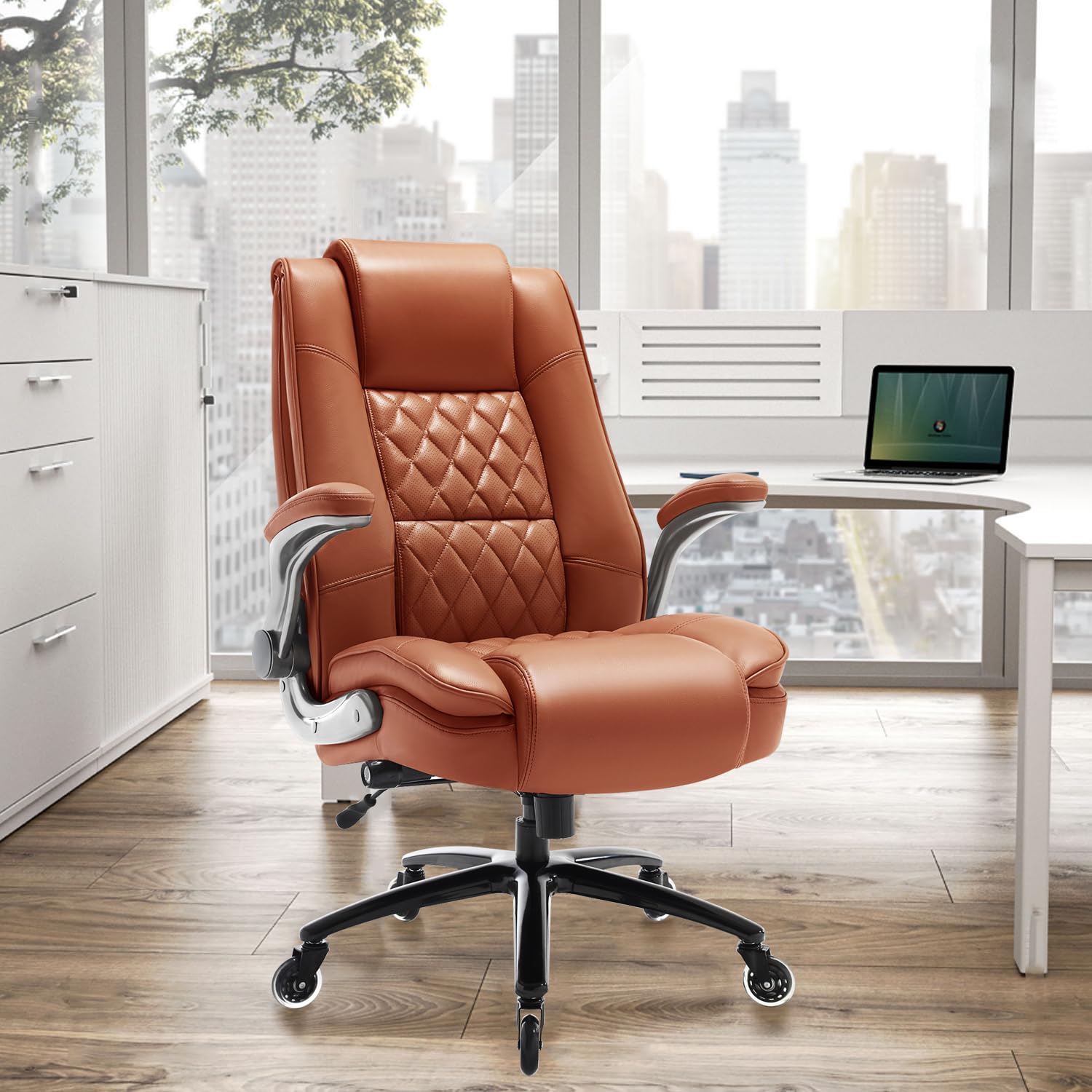 Ezaki High Back Office Chair-Flip-Up Arms Executive Computer Desk Chair, Built-In Lumbar Support Thick Padded Adjustable Rock Tension Ergonomic Design For Back Pain