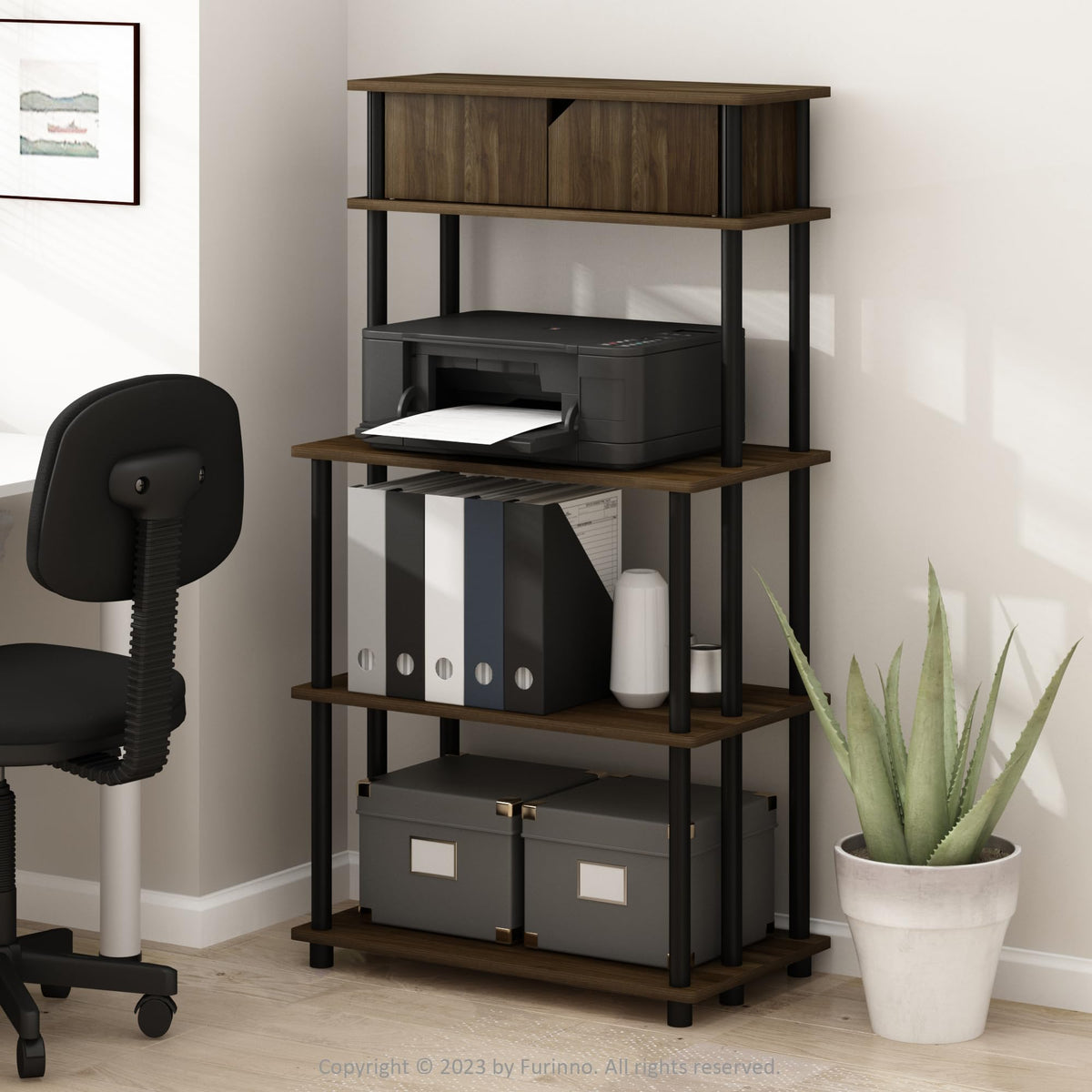Furinno Turn-N-Tube Toolless Multipurpose Printer Stand Display Storage Shelf With Top Cabinet, Columbia Walnut/Black
