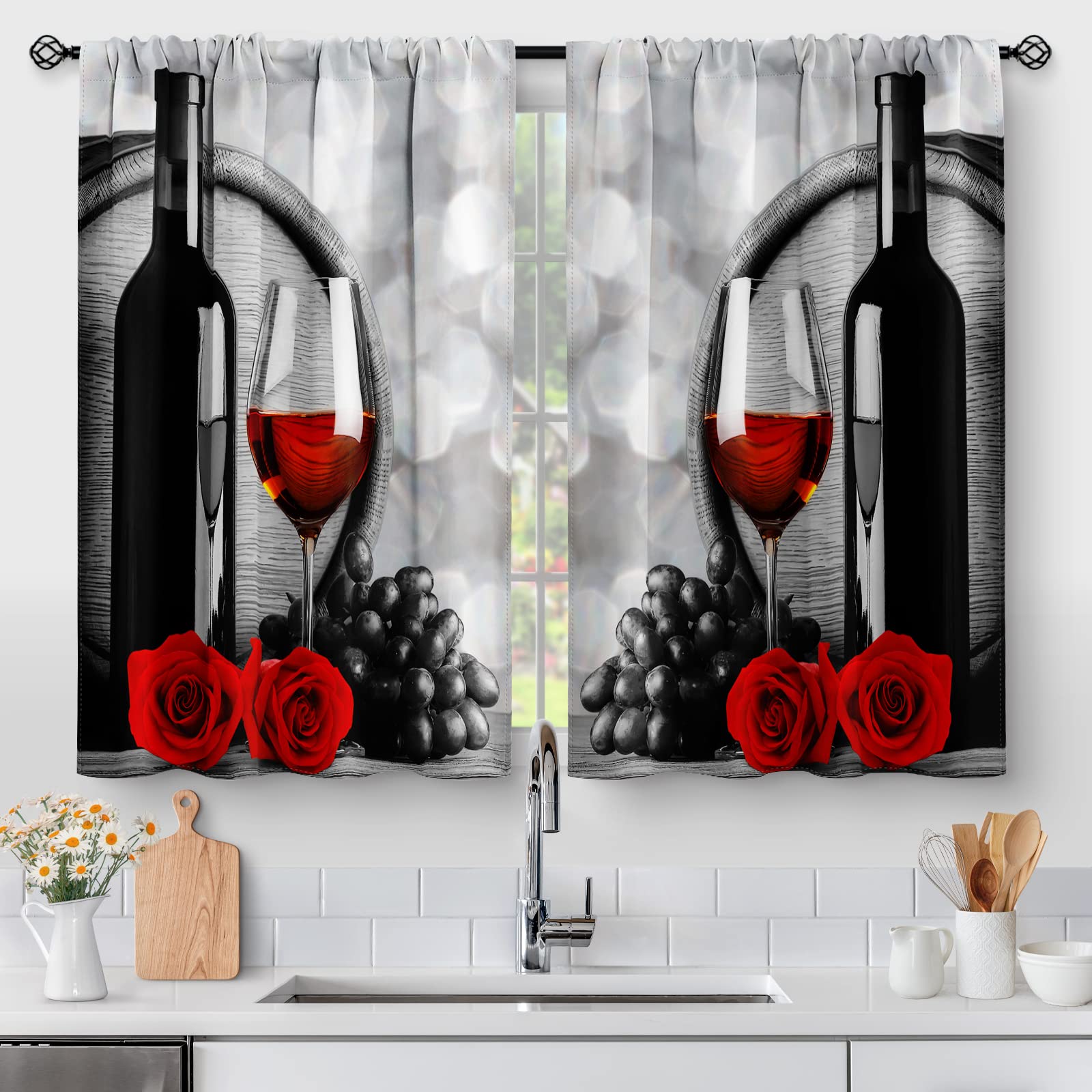 Red Rose And Wine Kitchen Curtains - Rustic Romantic Valentine Farmhouse Girls Women Short Tier Cafe Curtains Decor For Dining R