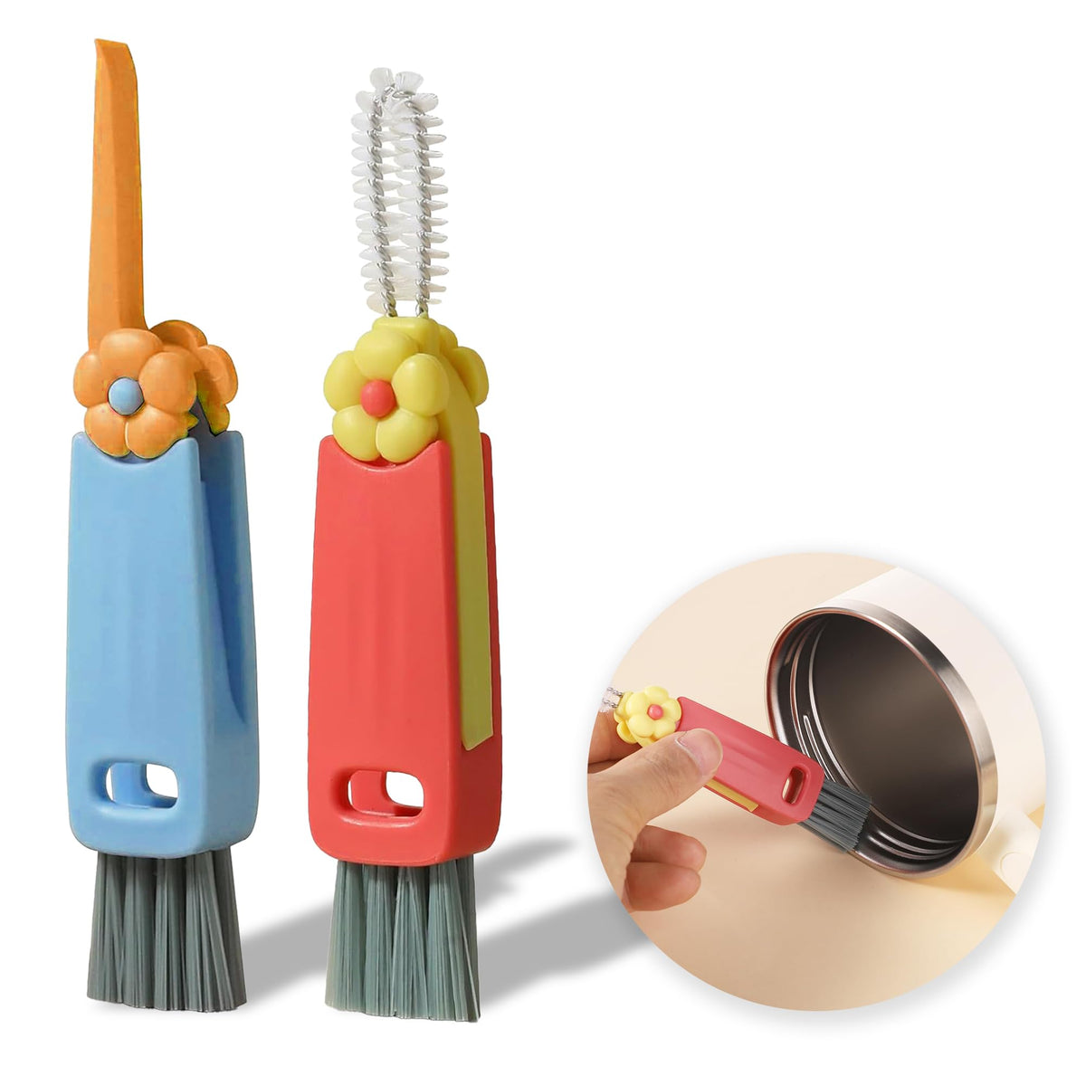 3 in 1 Cup Lid Cleaning Brush - Portable Crevice Cleaning Brush Cleaner for Bottle lid Gap - 2 PC Cute Flower Multi Functional C