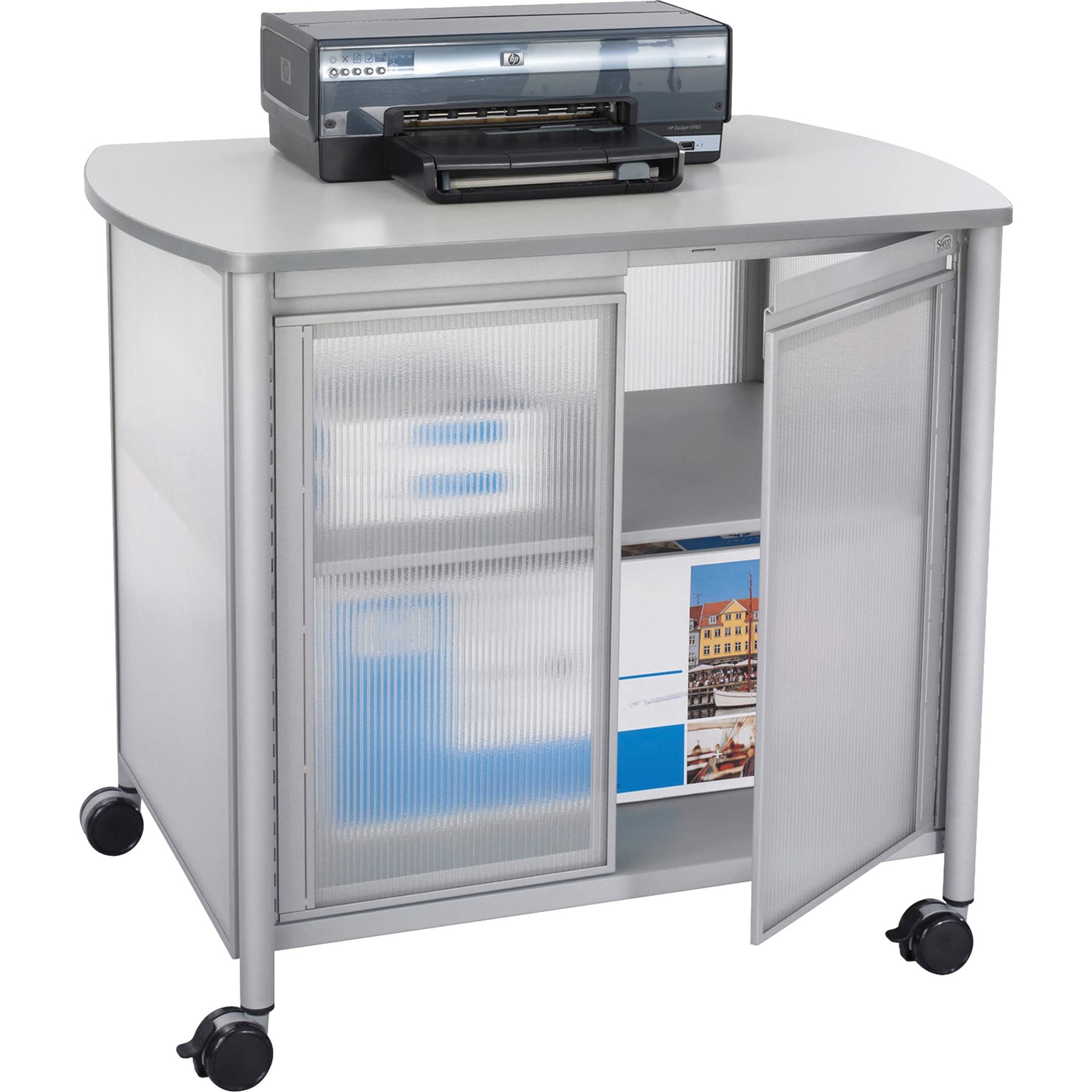 Safco Products Impromptu Mobile Print Stand & Organizer with Doors 1859GR - 200 lbs. Capacity - 4 Wheels, Laminate Top & Steel F