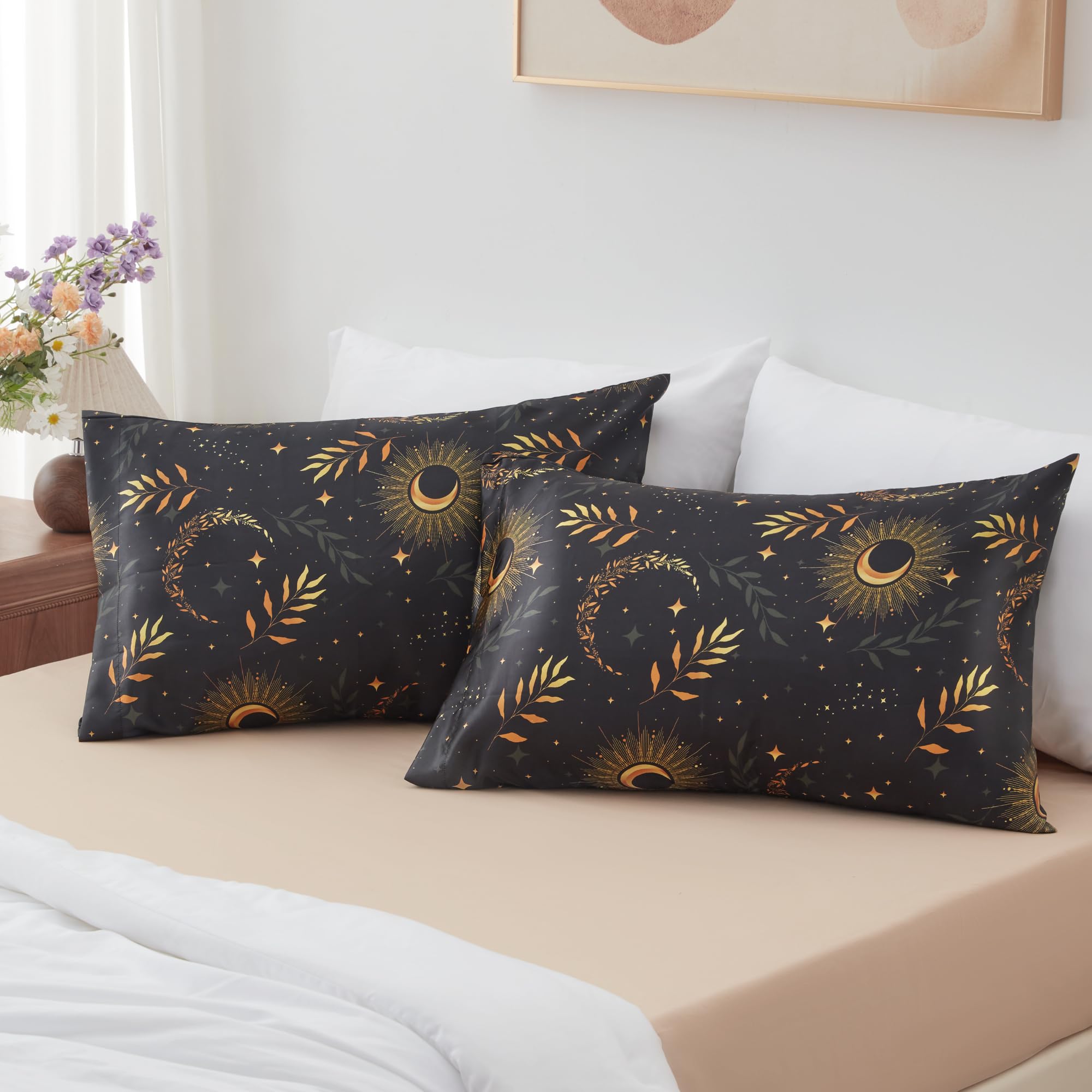 Exq Home Satin Pillowcase For Hair And Skin Queen - Printed Black Moon Silk Pillowcase 2 Pack 20X30 Inches - Satin Pillow Cases