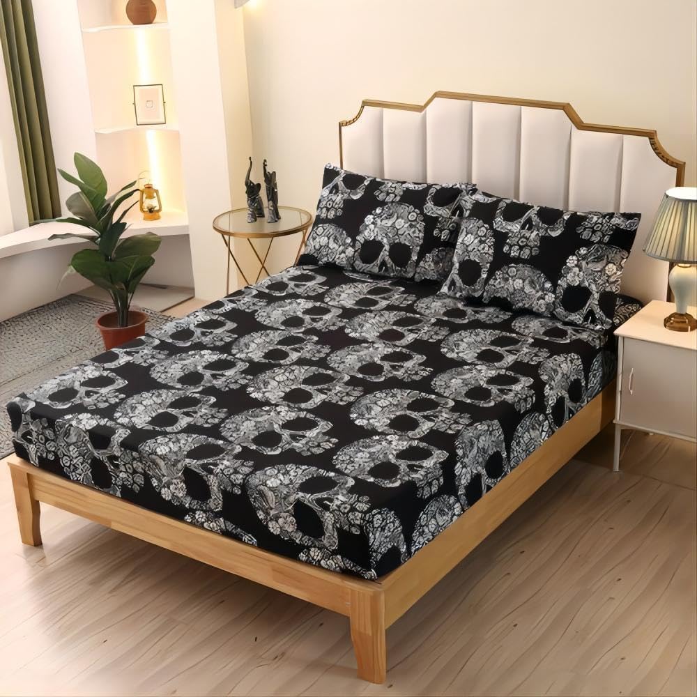 Sdiii 3Pcs Goth Skull Queen Fitted Sheet Set, 1 Fitted Sheet And 2 Pillowcases, Excluding Flat Sheet, Bed In A Bag Goth Bedding