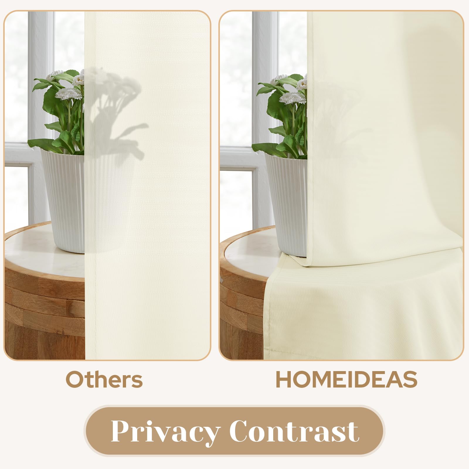 Homeideas Non-See-Through Cream Yellow Privacy Sheer Curtains 52 X 54 Inches Long 2 Panels Set, Fish Bone Pattern Semi Sheer Cur