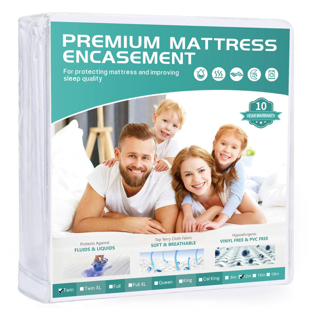 Winkaura Twin Waterproof Mattress Protector Fits 9-12' Deep, Zippered Mattress Encasement Cover With Premium Breathable Soft Te