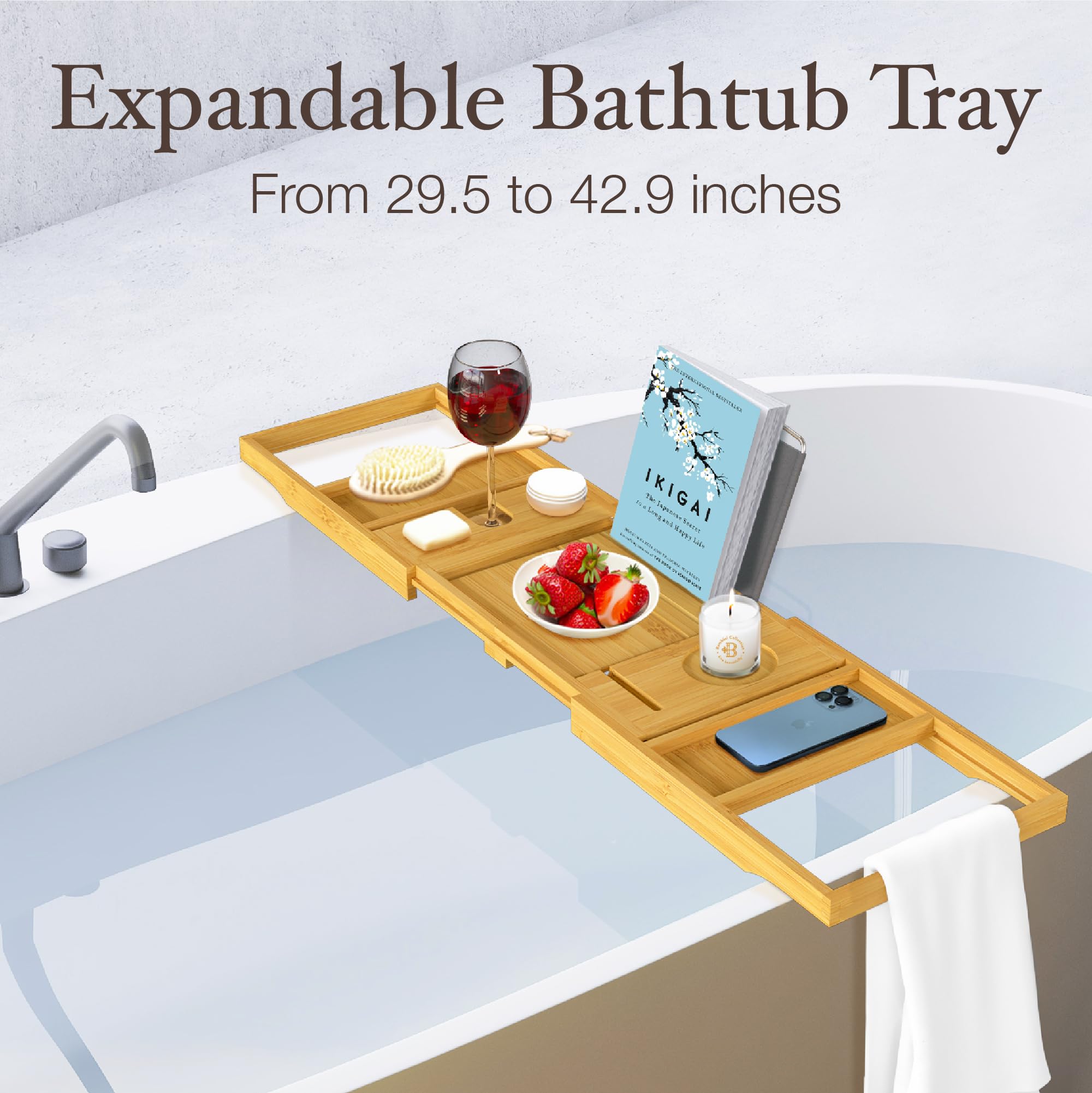 Bamboo Bathtub Tray For Tub - Expandable Bath Tray For Tub With Wine, Book & Tablet Holder - Luxurious Bath Accessories, Bath Ta