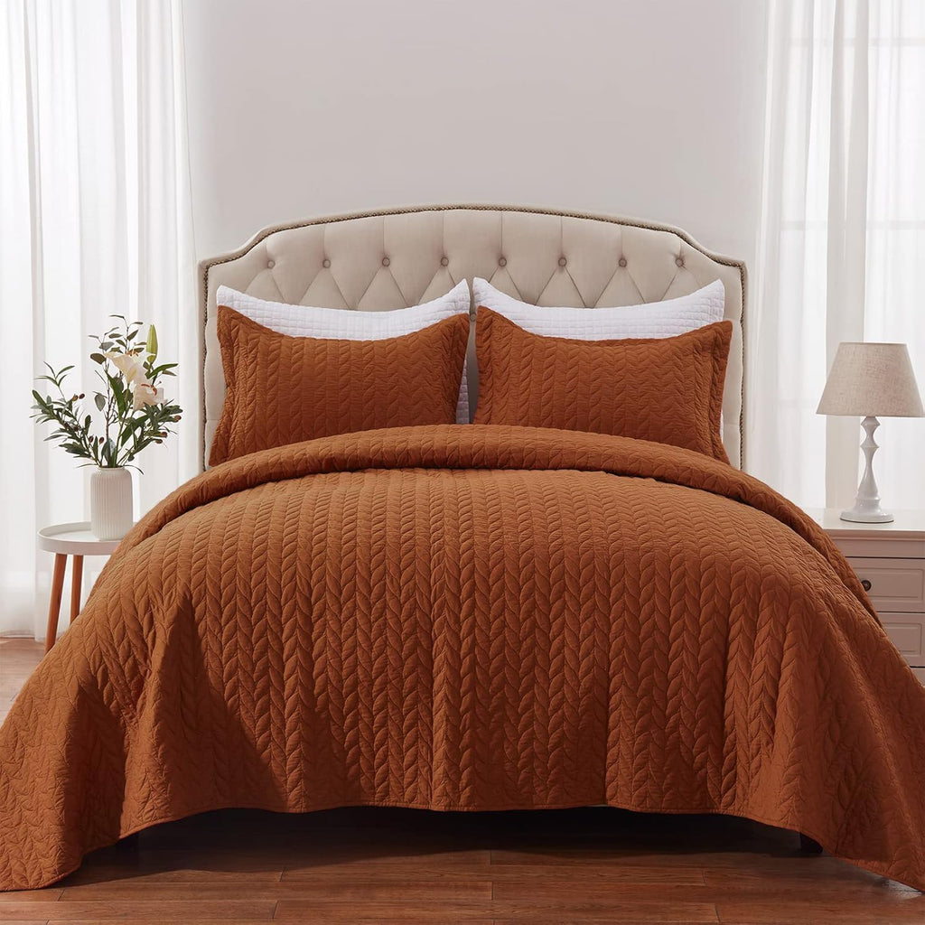 Sunstyle Home Quilt Set King Brunt Orange Lightweight Bedspread Soft Reversible Coverlet For All Season 3Pcs Leaf Embroidered Qu