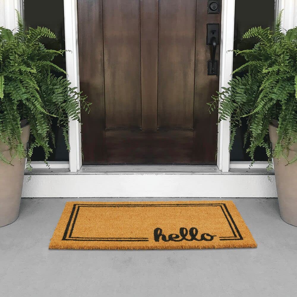 Mdesign Rectangular Coir And Rubber Entryway Welcome Doormat With Natural Fibers For Indoor Or Outdoor Use - Decorative Script Hello Design - Natural/Black