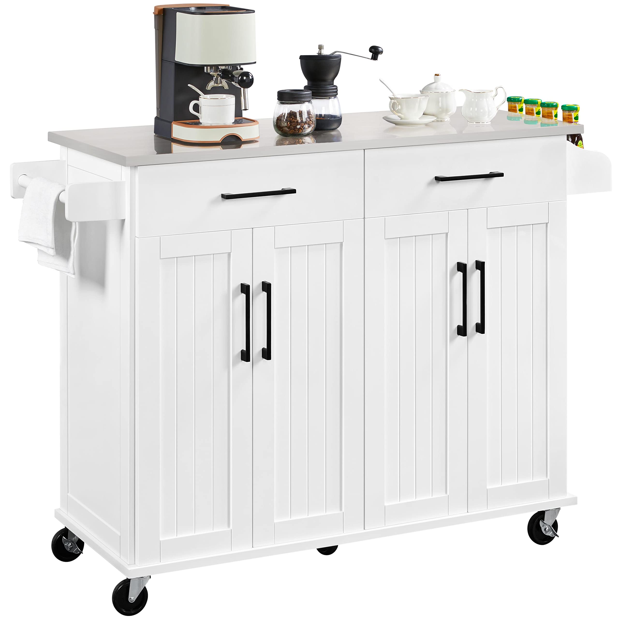 Yaheetech Kitchen Island Cart With Storage & Stainless Steel Countertop, Portable Kitchen Island On Wheels With Cabinet & Adjustable Shelves & 2 Drawers, Rolling Island Table For Kitchen, White