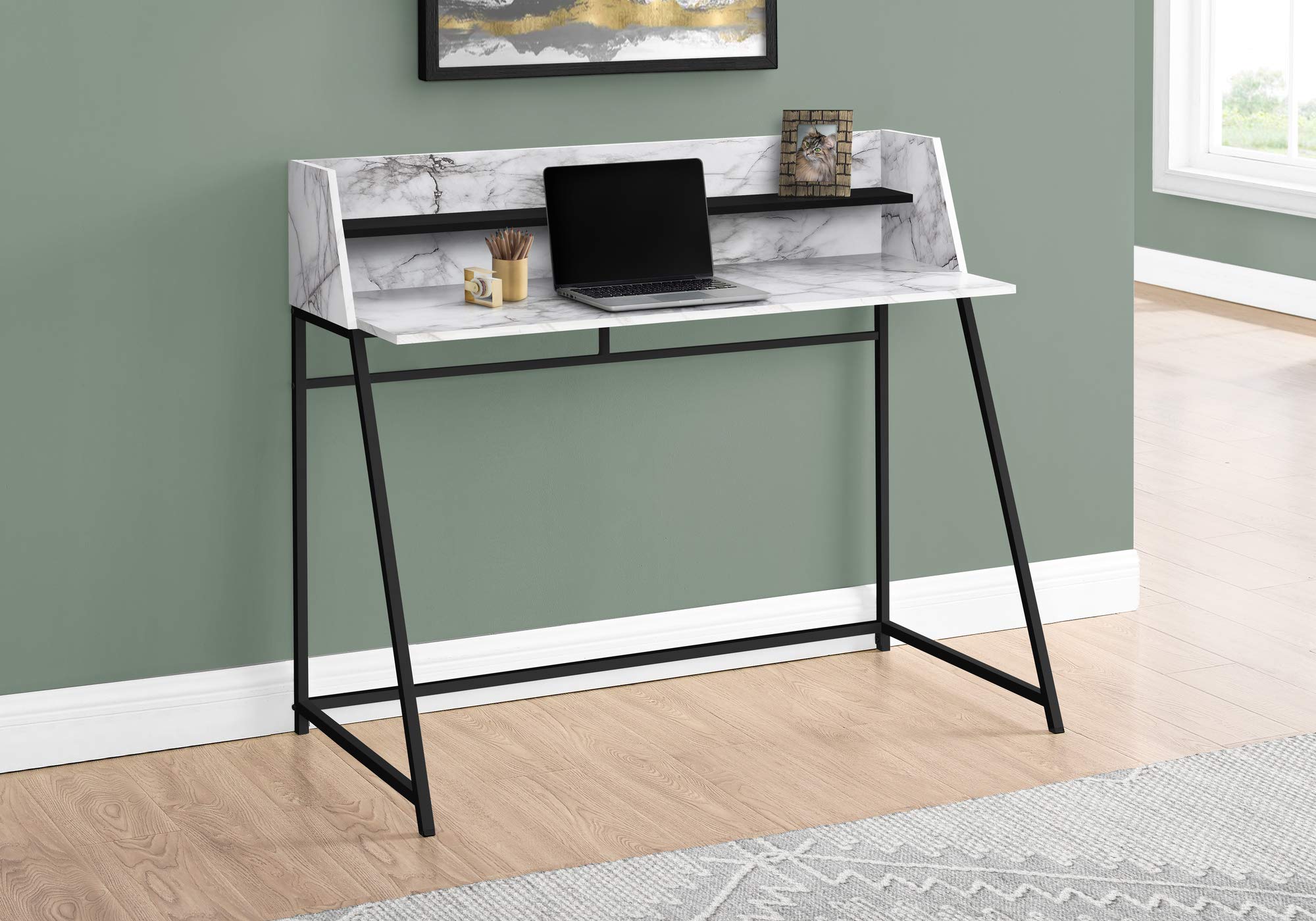 Monarch Specialties I 7549 Computer Desk, Home Office, Laptop, Storage Shelves, 48' L, Work, Metal, Laminate, White Marble Look, Black, Contemporary, Modern