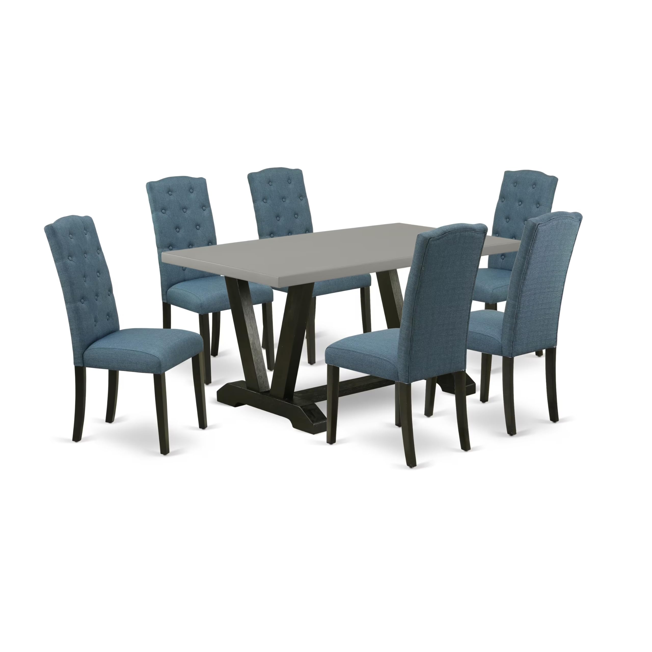 East West Furniture V696Ce121-7 7 Piece Dining Room Set Consist Of A Rectangle Dining Table With V-Legs And 6 Mineral Blue Linen Fabric Parson Chairs, 36X60 Inch, Multi-Color