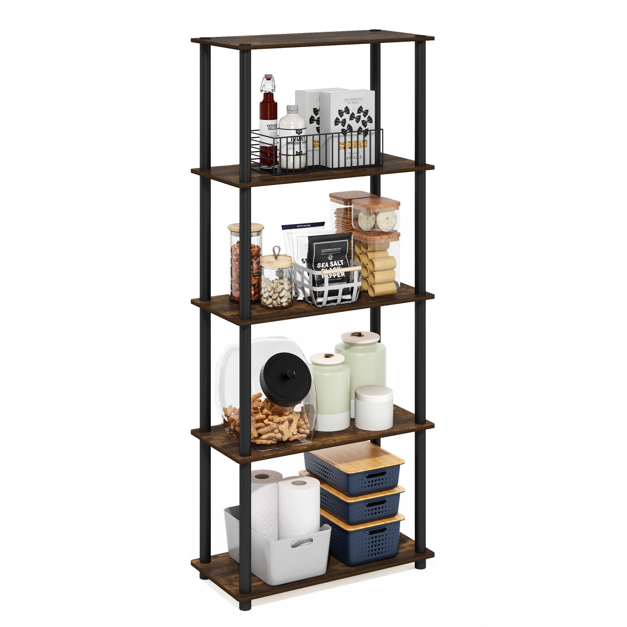 Furinno Turn-N-Tube 5-Tier Multipurpose Shelf Display Rack, Amber Pine/Black