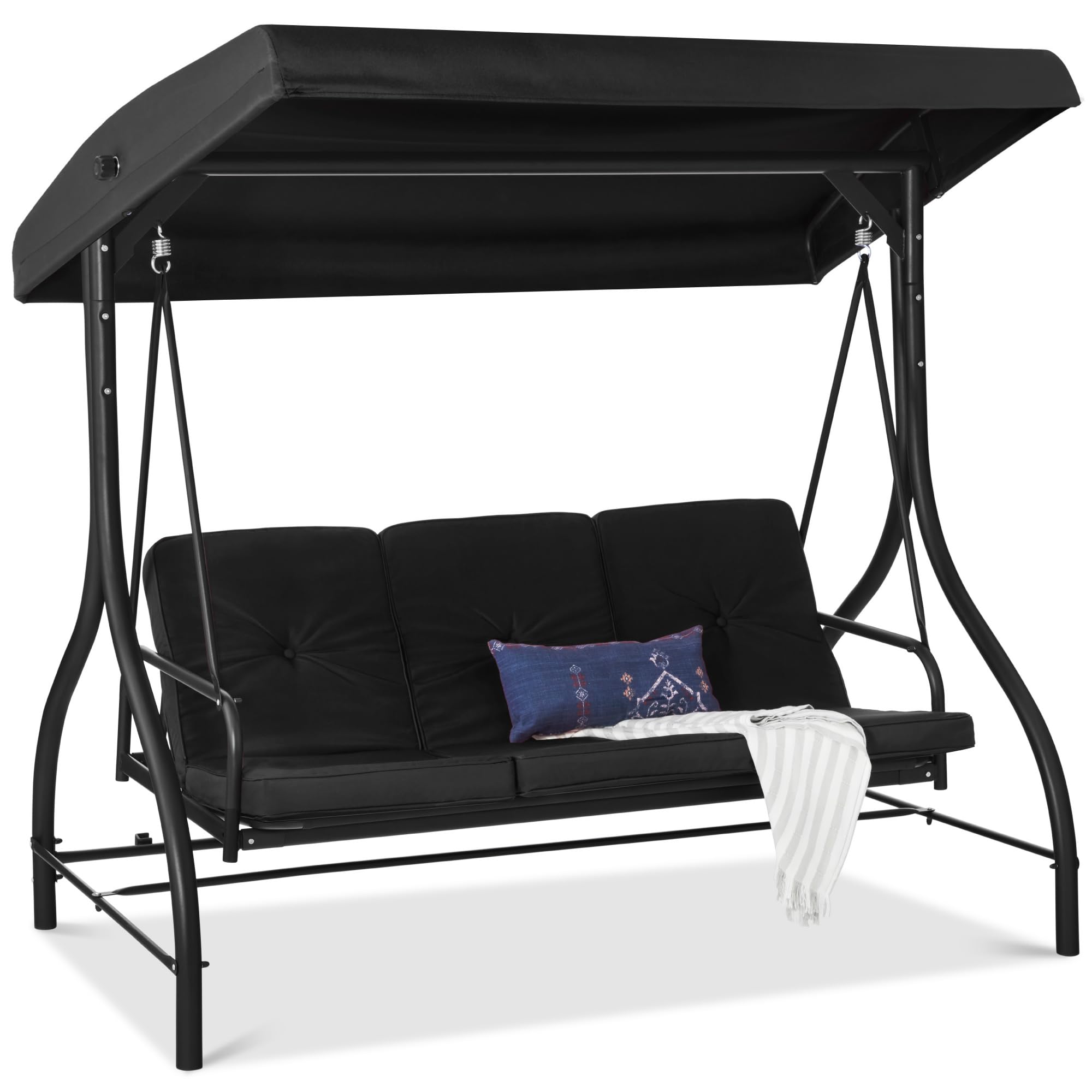 Best Choice Products 3-Seat Outdoor Large Converting Canopy Swing Glider, Patio Hammock Lounge Chair For Porch, Backyard W/Flatbed, Adjustable Shade, Removable Cushions - Black