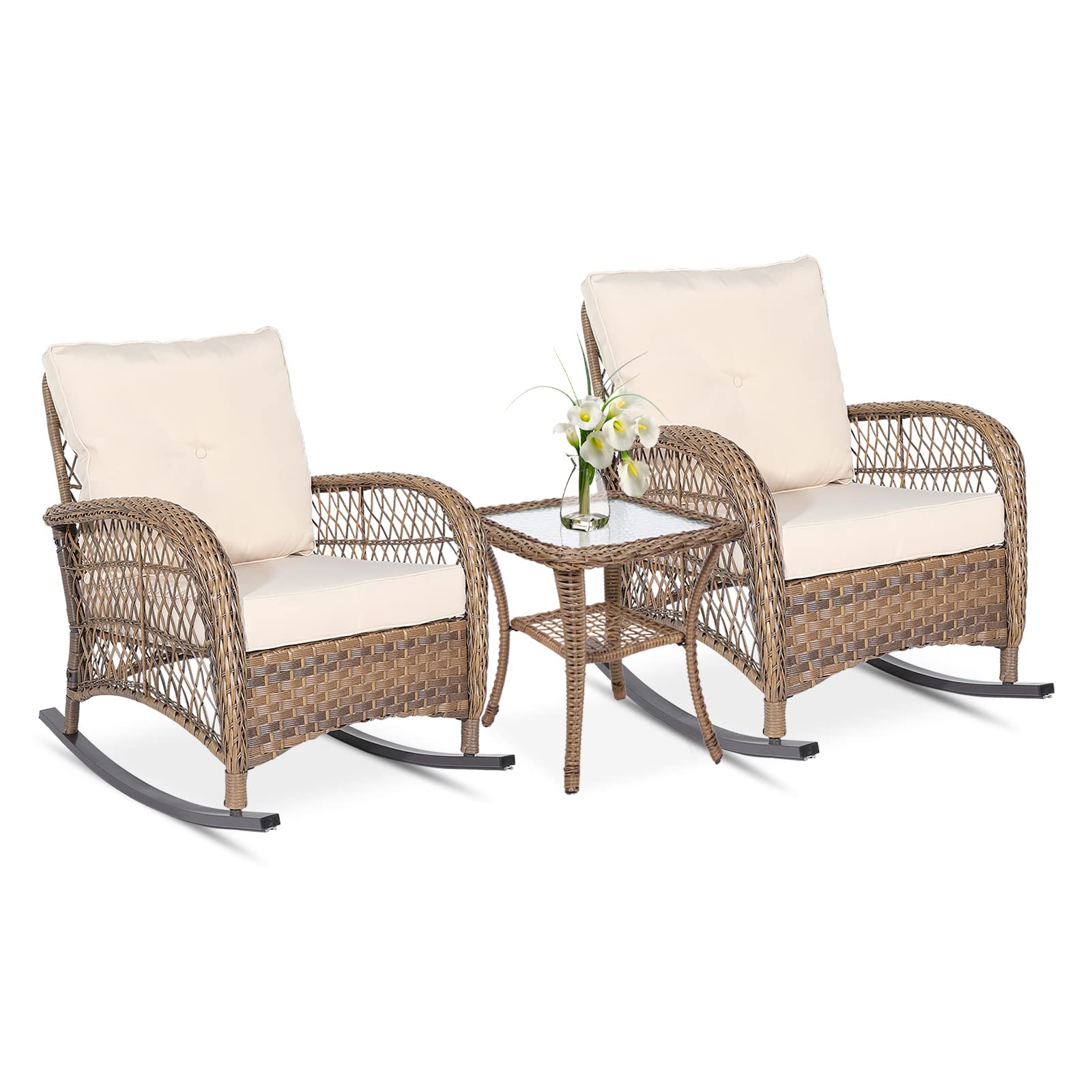 Vivijason 3-Piece Outdoor Conversation Bistro Set, Patio Wicker Rocking Chairs Rattan Furniture Sets W/ 2 Rattan Chairs, Cushions, Glass Top Side Table For Garden Porch Backyard