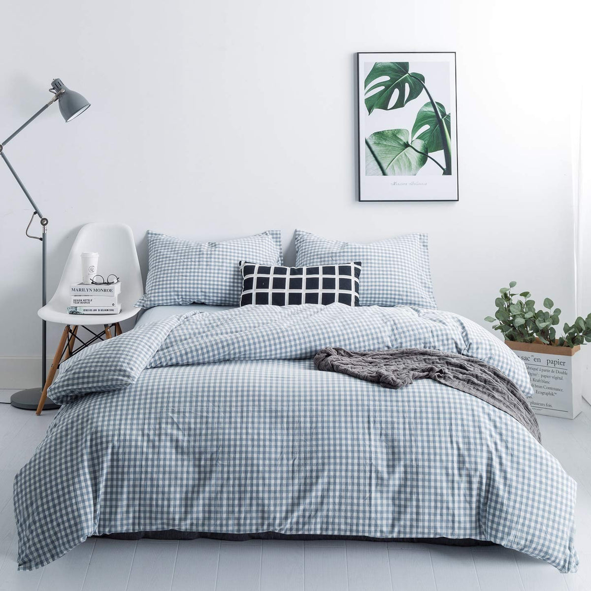 Susybao Gingham Duvet Cover King 100% Washed Cotton Light Blue Plaid Duvet Cover 3 Pieces Set 1 Blue Grid Duvet Cover With Zippe
