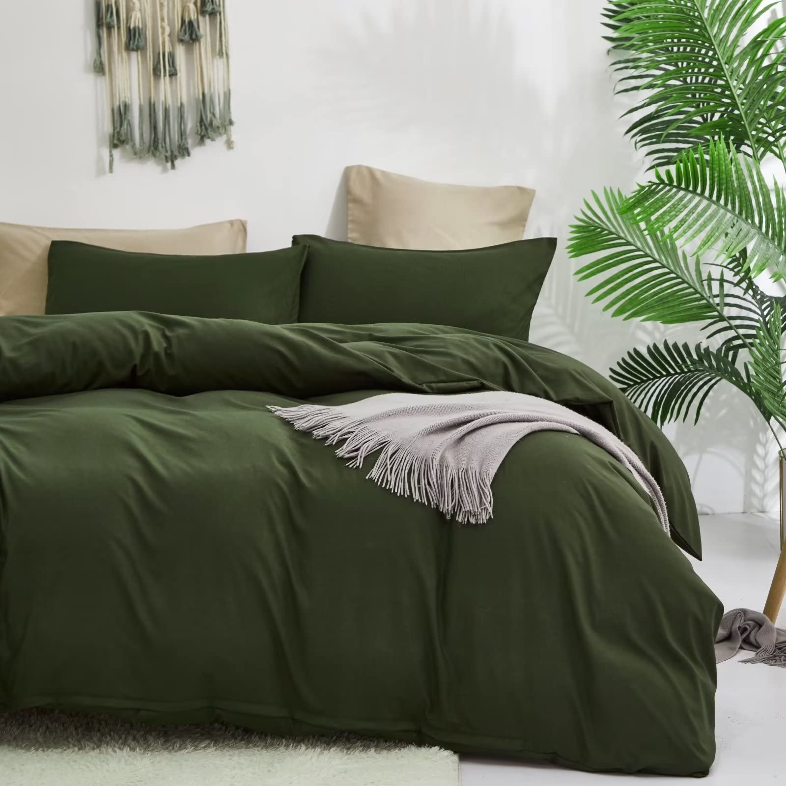 Houseri Olive Green Comforter Set Queen Army Green Bedding Queen Size Dark Green Comforter Sets For Men Women Teens Farmhouse Hu