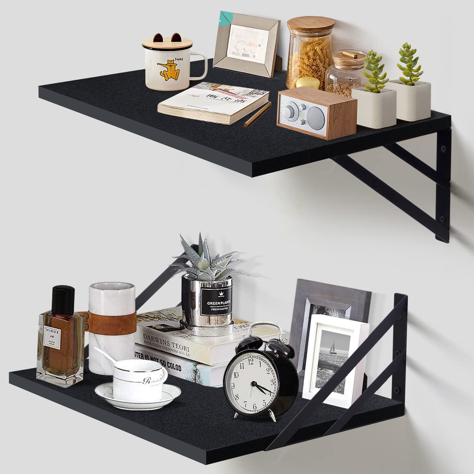 Tectocker-DOU 2 Pc Deep Floating Shelves ; 12 Inch Deep Wall Mounted Hanging Shelves for Living Room, Kitchen, Office, Bathroom 