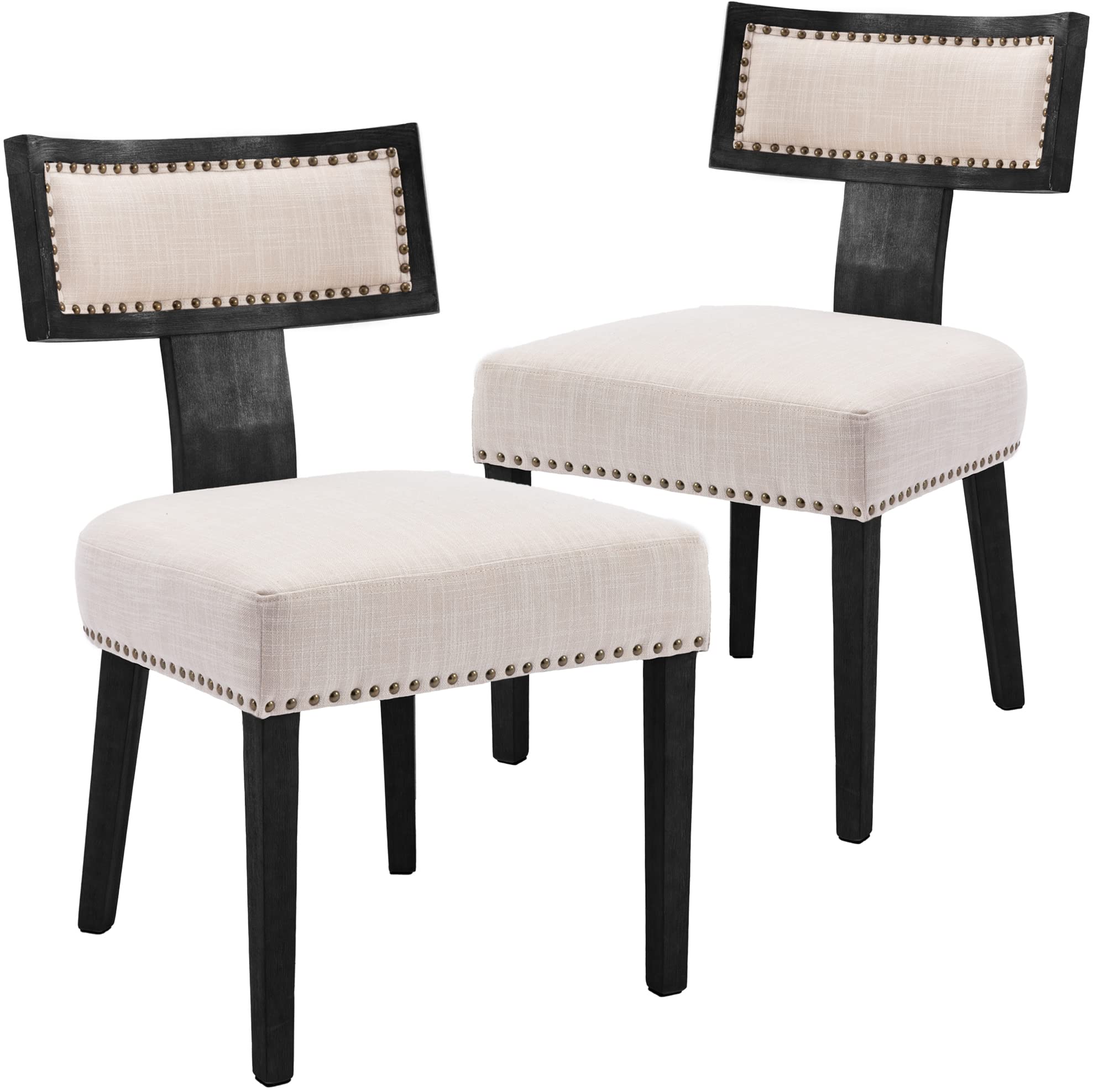 Wahson Set Of 2 Farmhouse Kitchen & Dining Room Chairs With Metal Nailhead Trim, Retro Linen Upholstered Dining Chair With Black