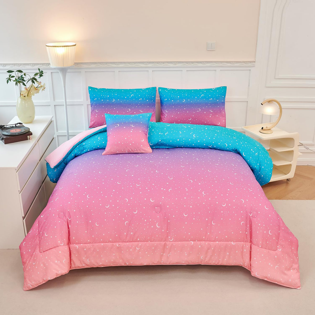 Urbonur 6 Pieces Full Size Comforter Set For Girls Moon Star Printed Bedding Set Gradient Pink Purple Blue, Soft Microfiber All