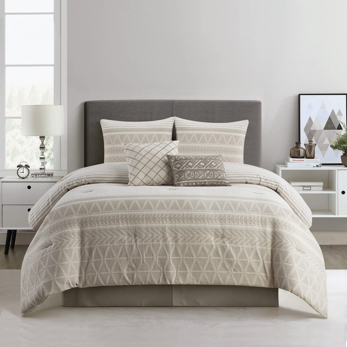 Grand Avenue 100% Cotton King Size Comforter Set, 6 Piece, Beige Geometric Jacquard Bedding Set, Bedskirt, Pillows & Shams, Home