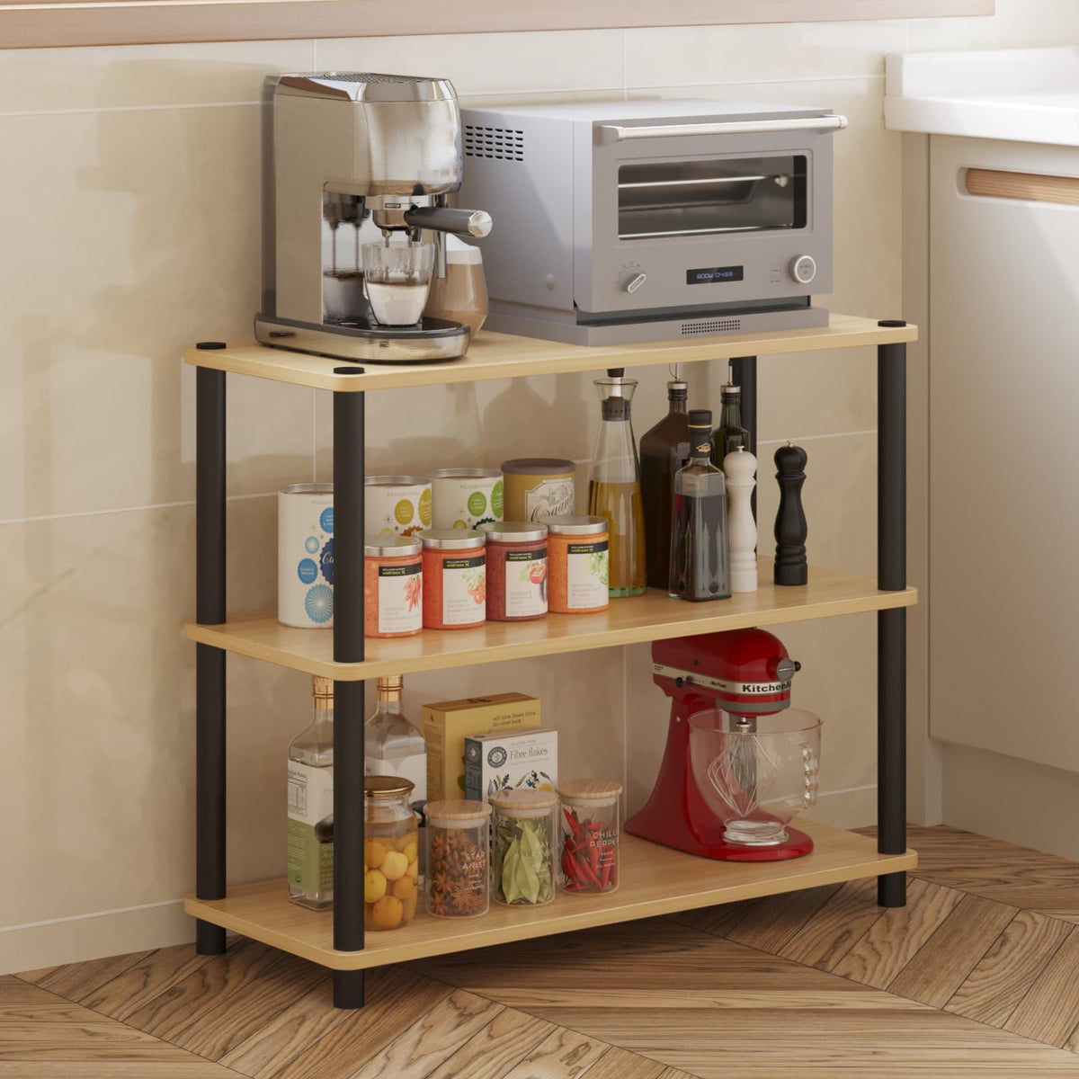 HOME CUBE Engineered Wood,Plastic 3Tier Standing Shelf,Kitchen Storage Rack,Open Display Rack,Multipurpose Storage Rack,Bookshe