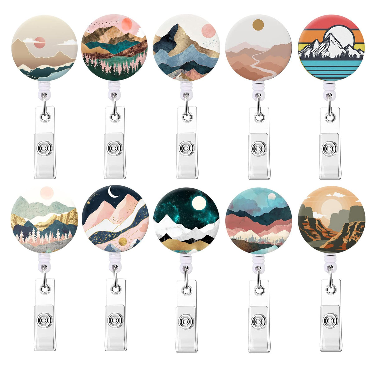 Badge Reel Retractable Nurse Badge Holder Cute Name Decorative Badge Reels With Clip On Id Card Holders (10 Pack Mountains Sun M